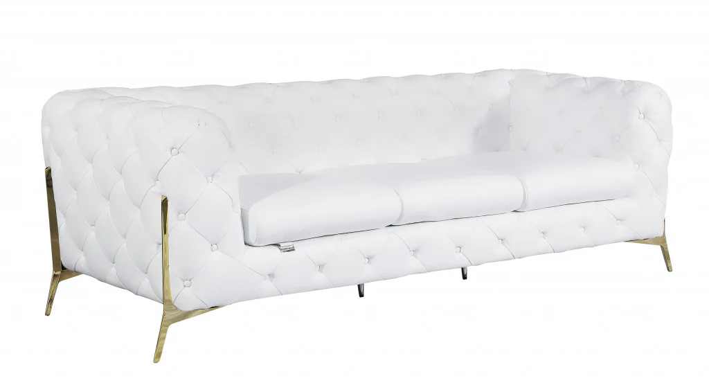 93" White Italian Leather Chesterfield Sofa With Silver Legs - Image 3