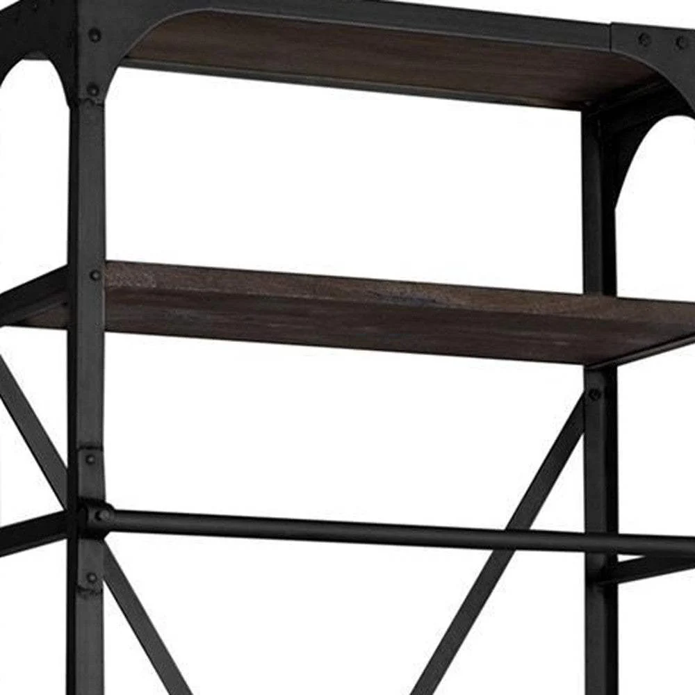 94" Black Distressed Iron and Solid Wood Five Tier Bookcase with Two Drawers - Image 6