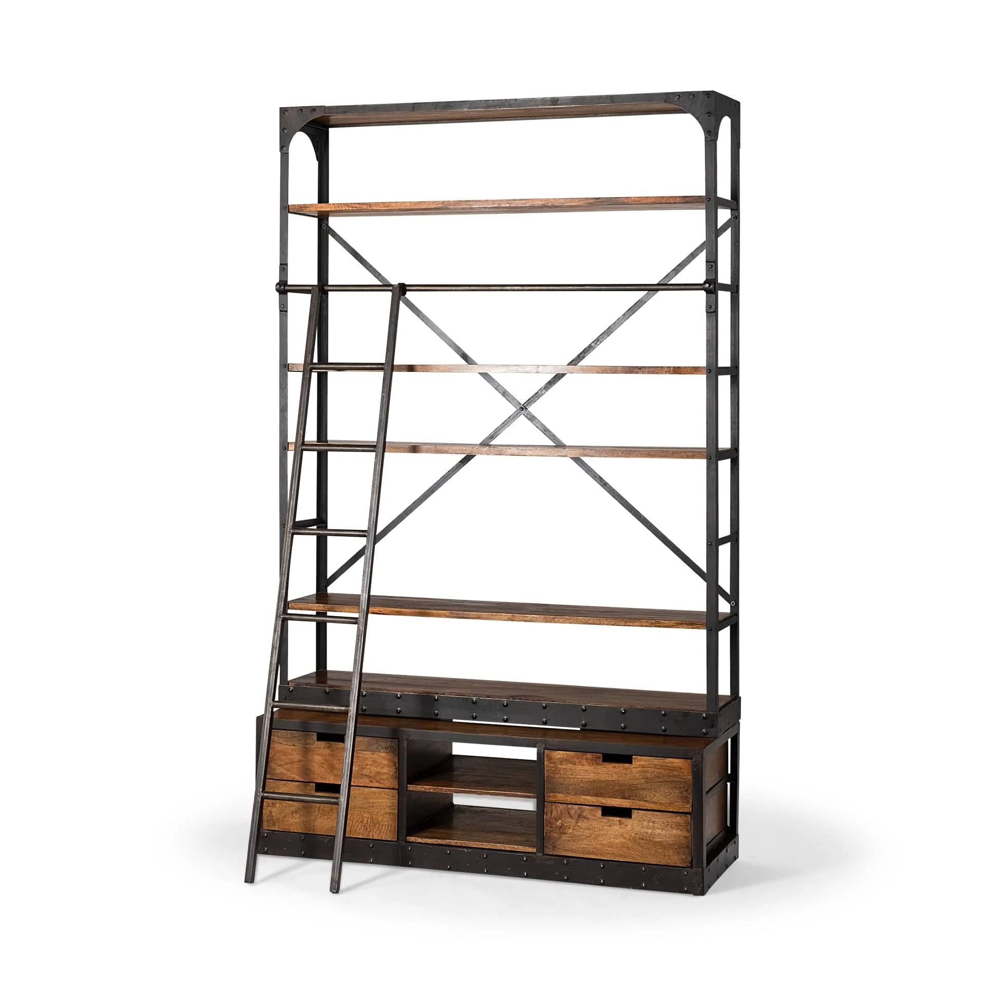 94" Brown And Black Metal and Wood Four Tier Library Bookcase With Ladder - Image 2