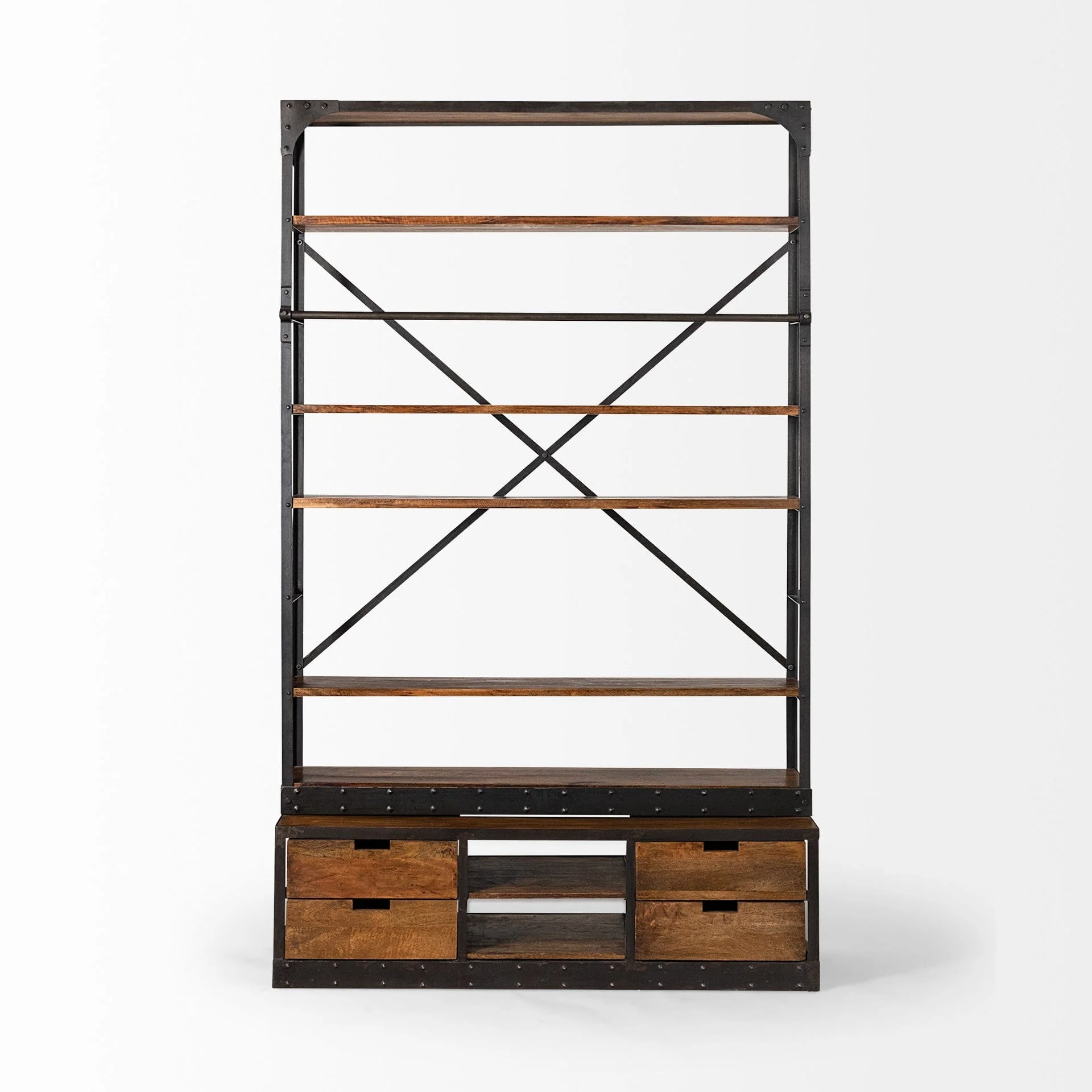 94" Brown And Black Metal and Wood Four Tier Library Bookcase With Ladder - Image 3