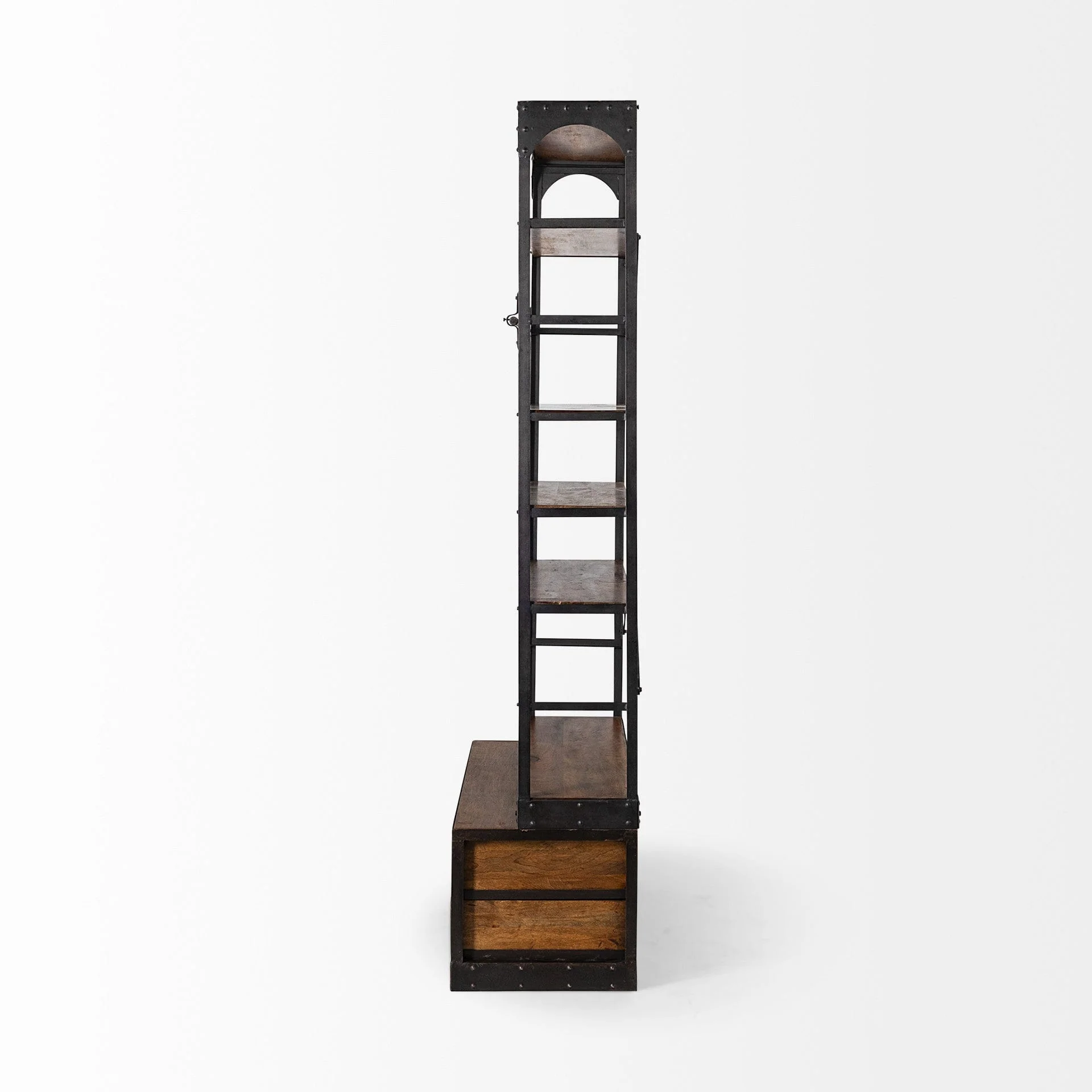 94" Brown And Black Metal and Wood Four Tier Library Bookcase With Ladder - Image 4