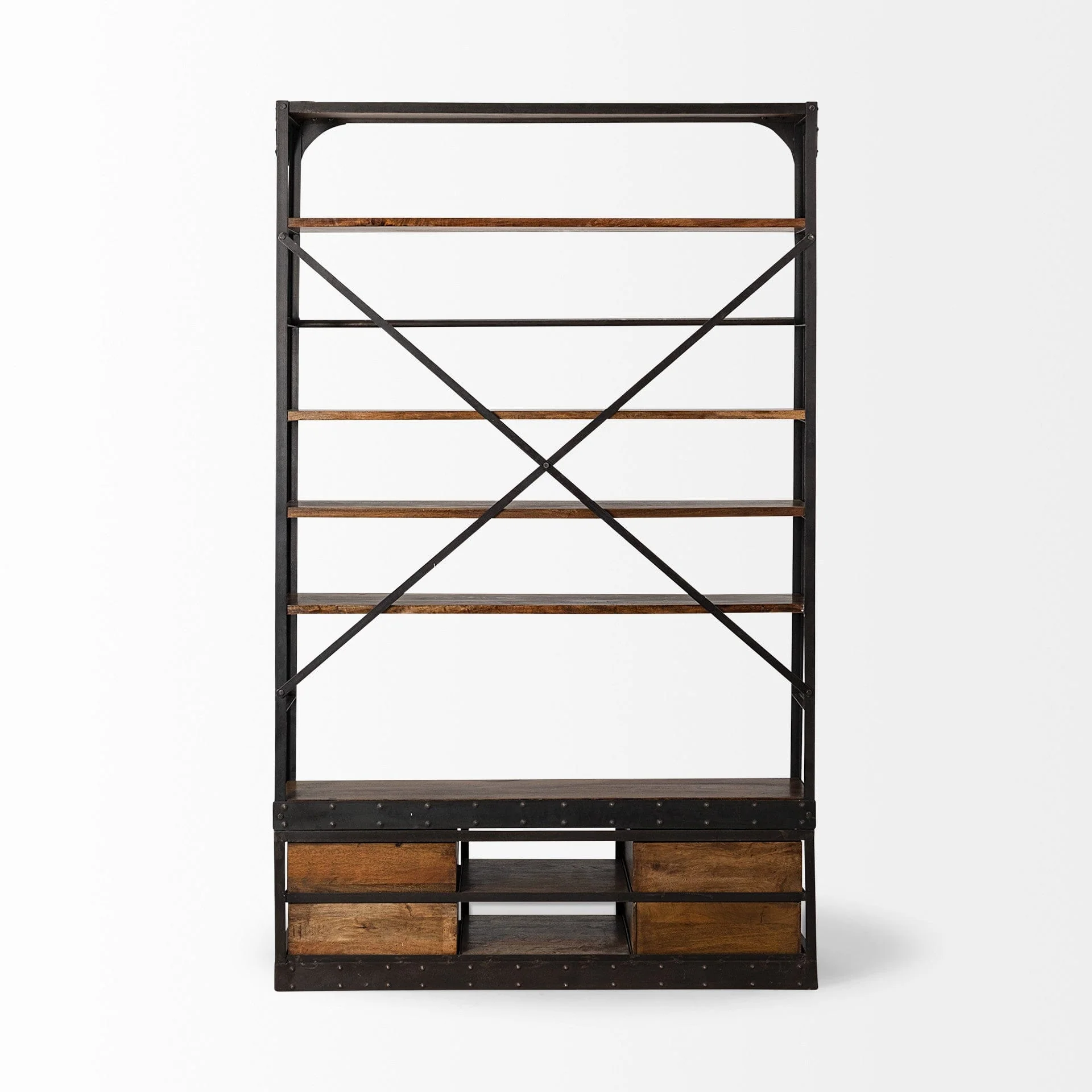 94" Brown And Black Metal and Wood Four Tier Library Bookcase With Ladder - Image 5