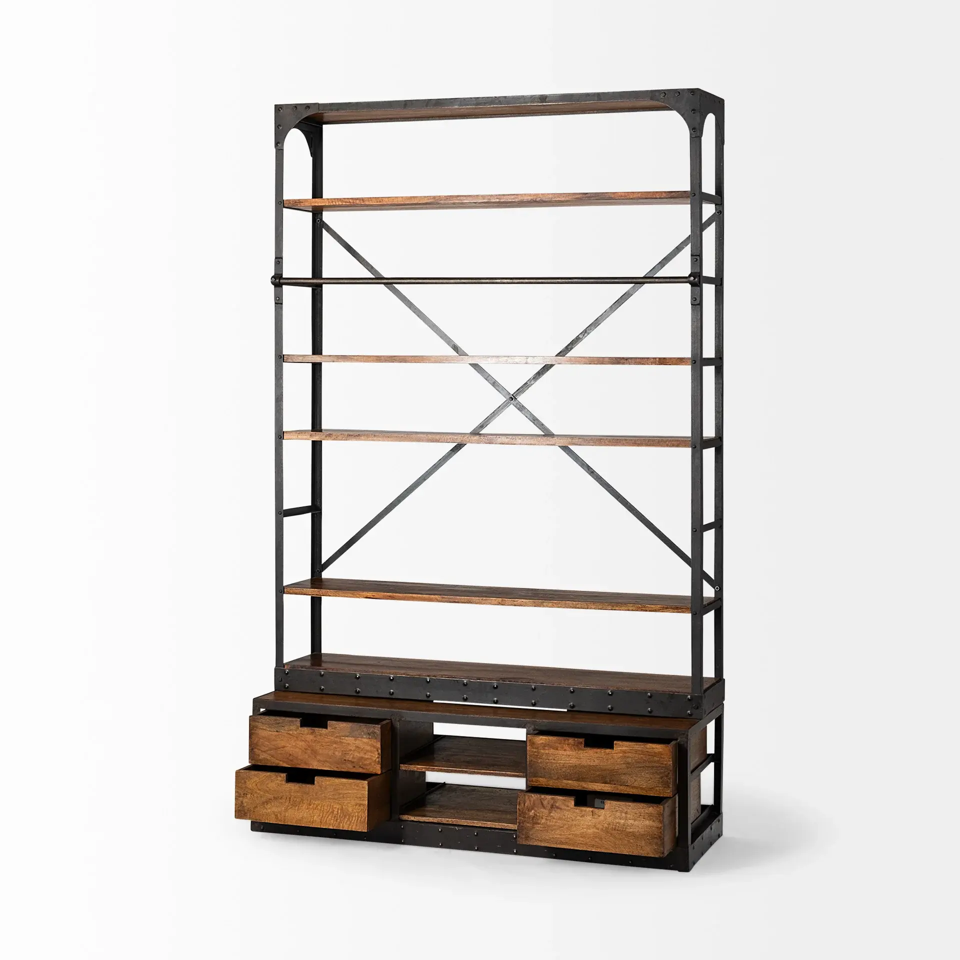 94" Brown And Black Metal and Wood Four Tier Library Bookcase With Ladder - Image 6