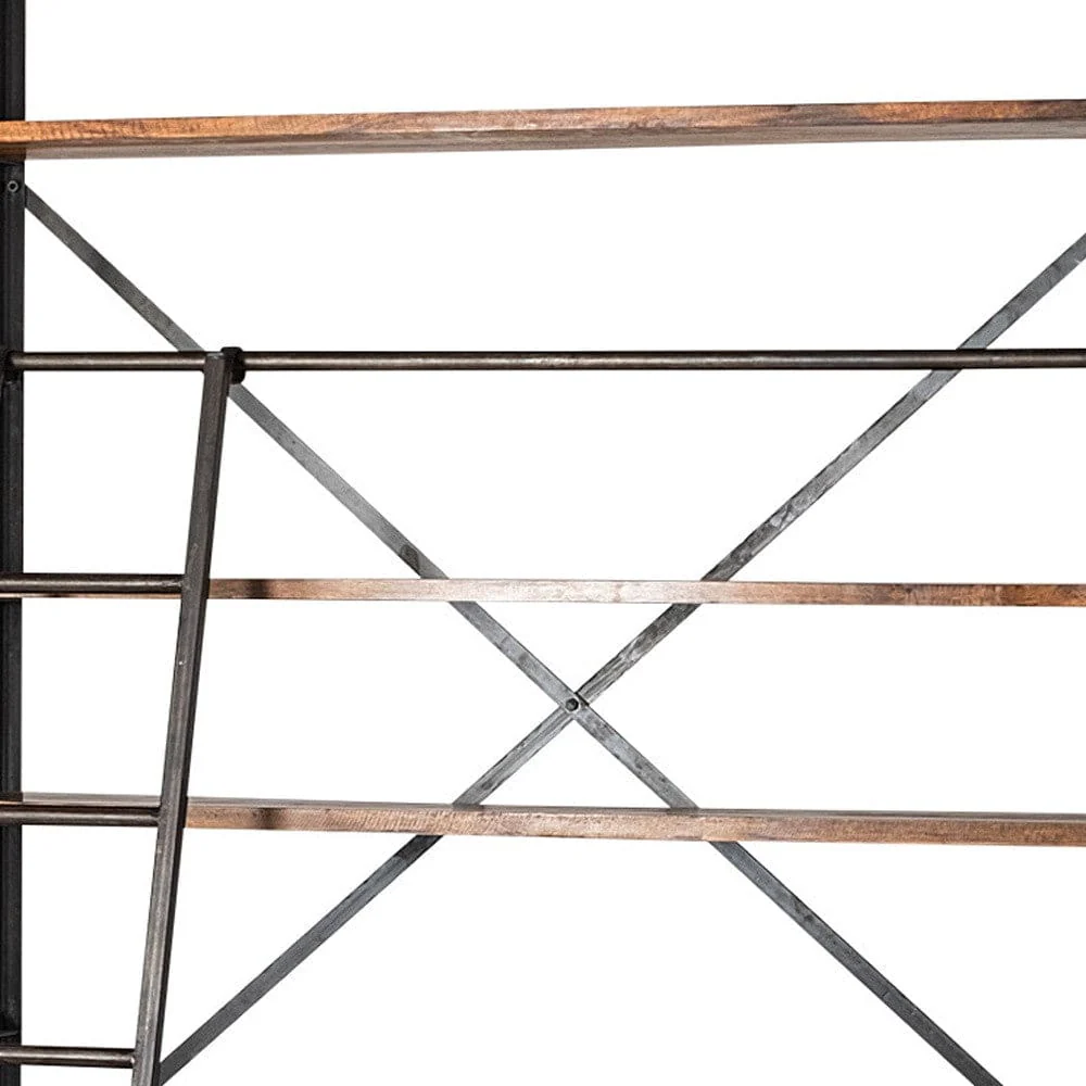 94" Brown And Black Metal and Wood Four Tier Library Bookcase With Ladder - Image 7