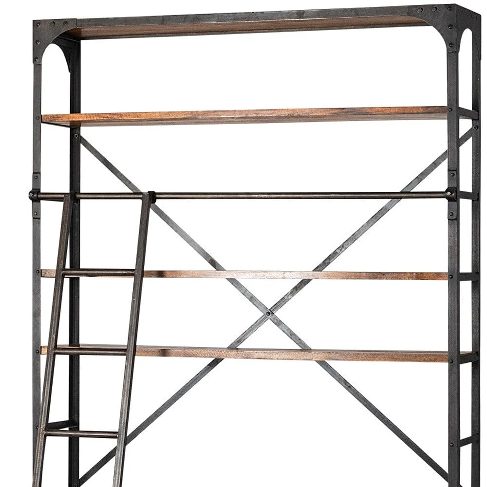 94" Brown And Black Metal and Wood Four Tier Library Bookcase With Ladder - Image 8