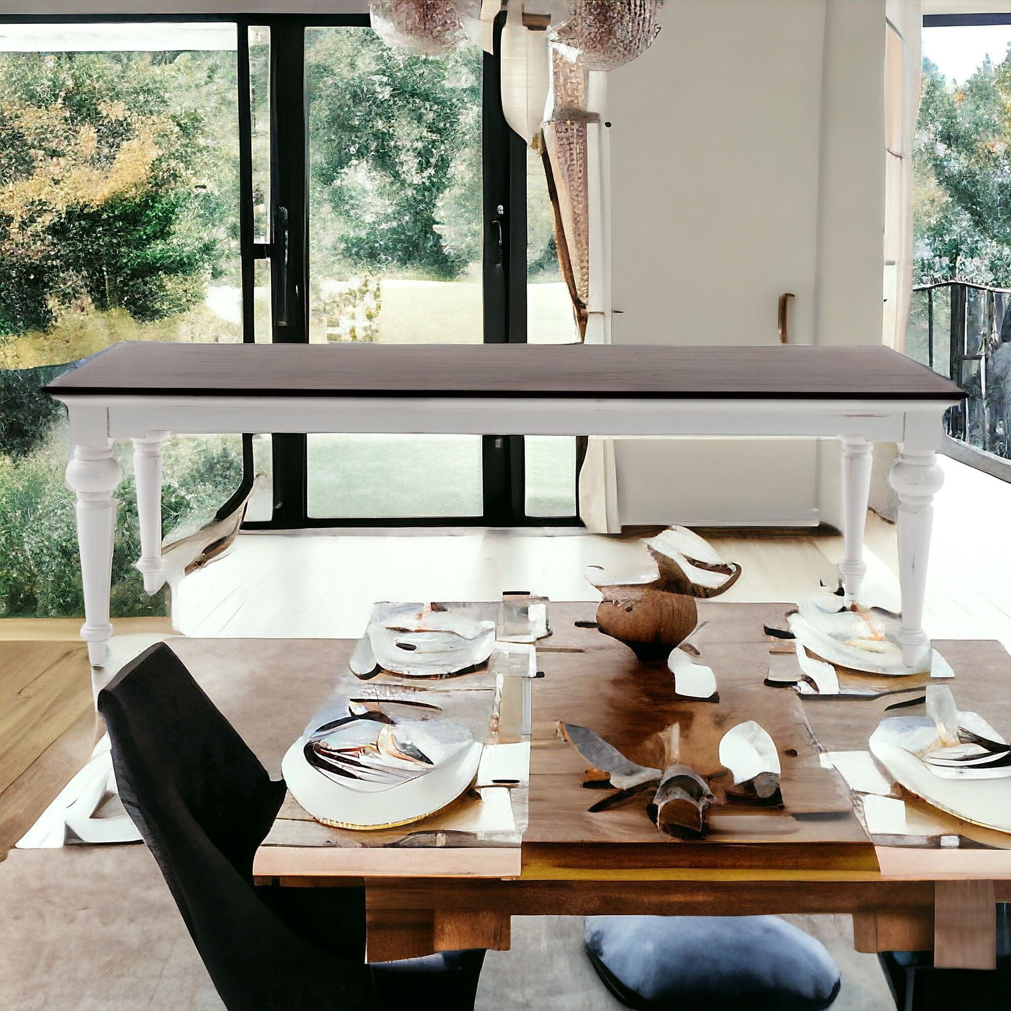 94" Dark Brown And White Solid Wood Dining Table - Image 2
