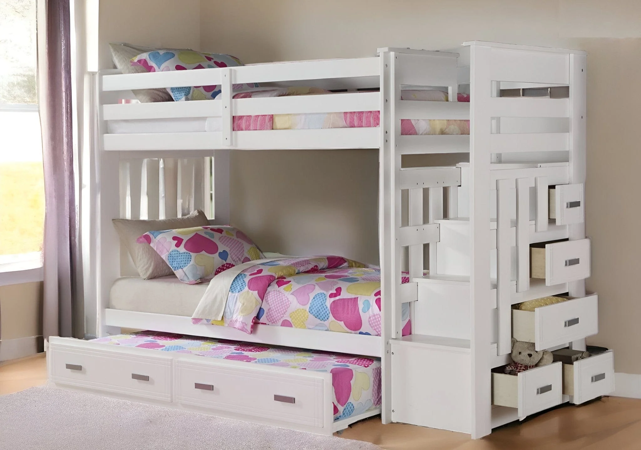 97" X 43" X 68" Twin Over Twin White Storage Ladder And Trundle  Bunk Bed - Image 2