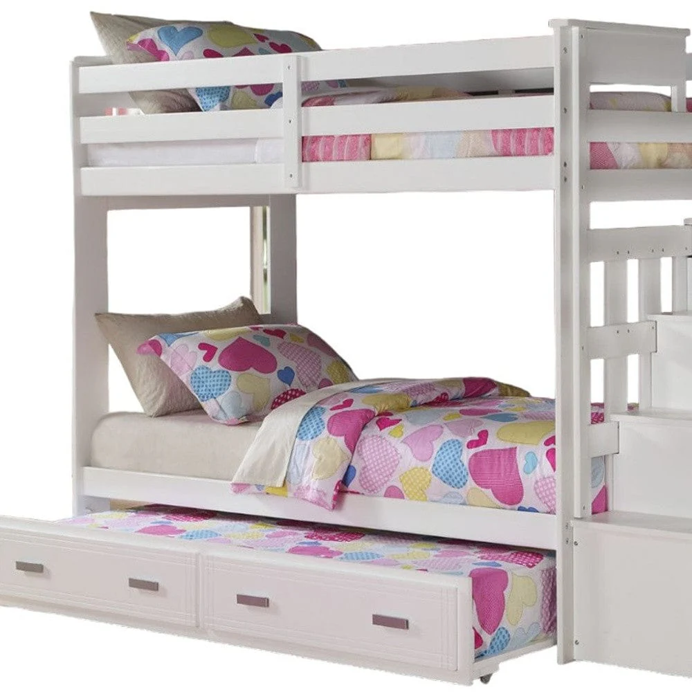 97" X 43" X 68" Twin Over Twin White Storage Ladder And Trundle  Bunk Bed - Image 4