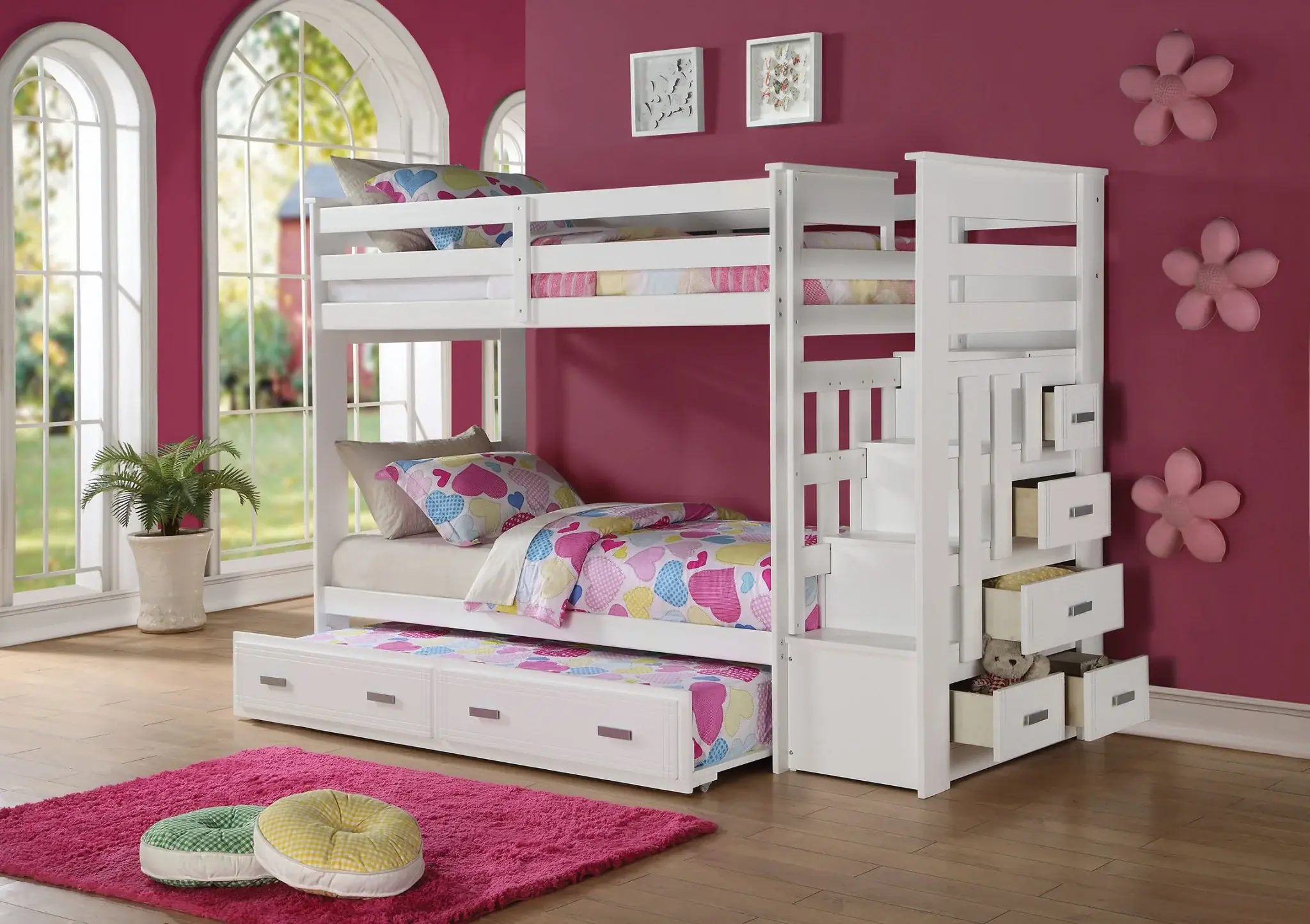 97" X 43" X 68" Twin Over Twin White Storage Ladder And Trundle  Bunk Bed - Image 5