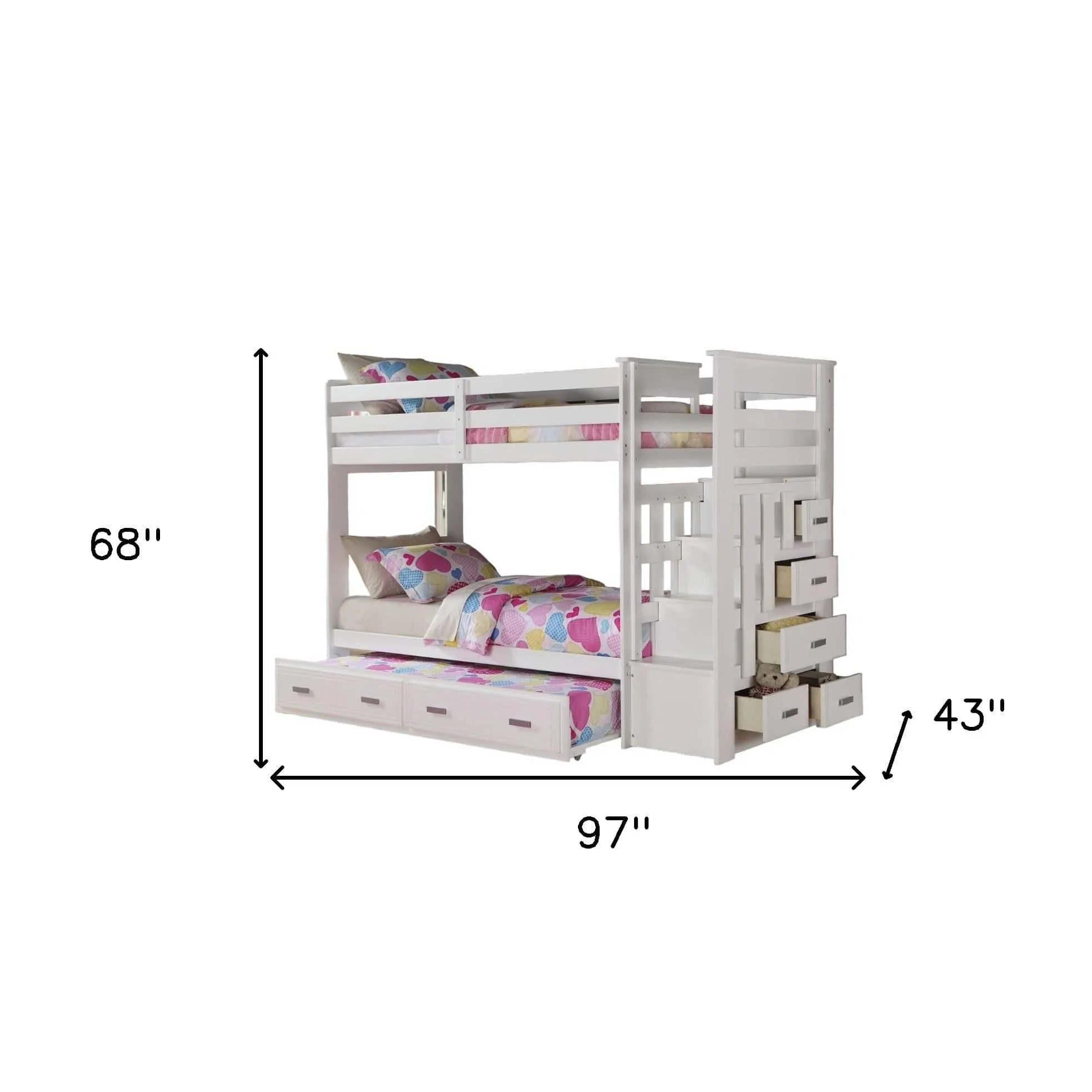 97" X 43" X 68" Twin Over Twin White Storage Ladder And Trundle  Bunk Bed - Image 6