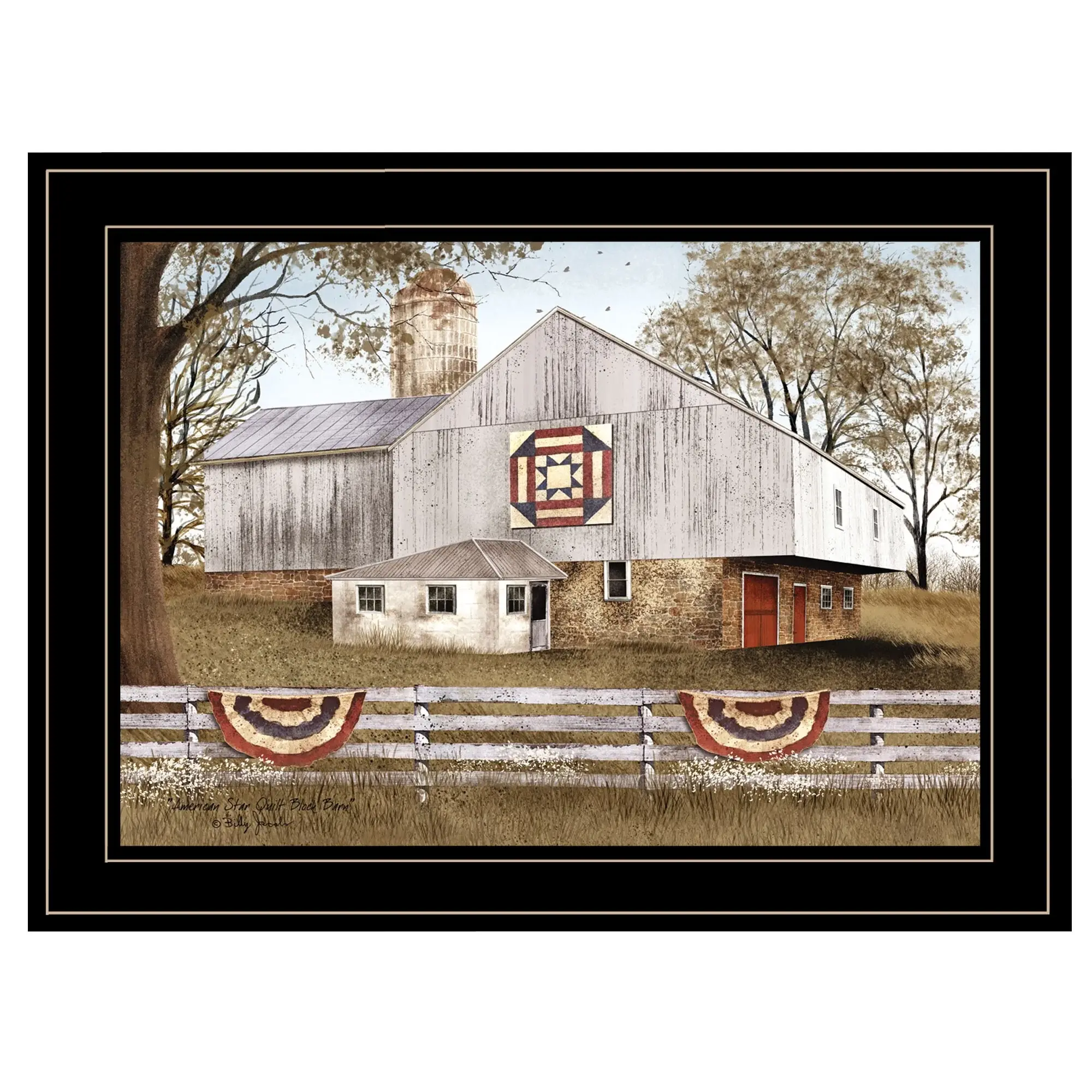 American Star Quilt Block Barn 2 Black Framed Print Wall Art - Image 2