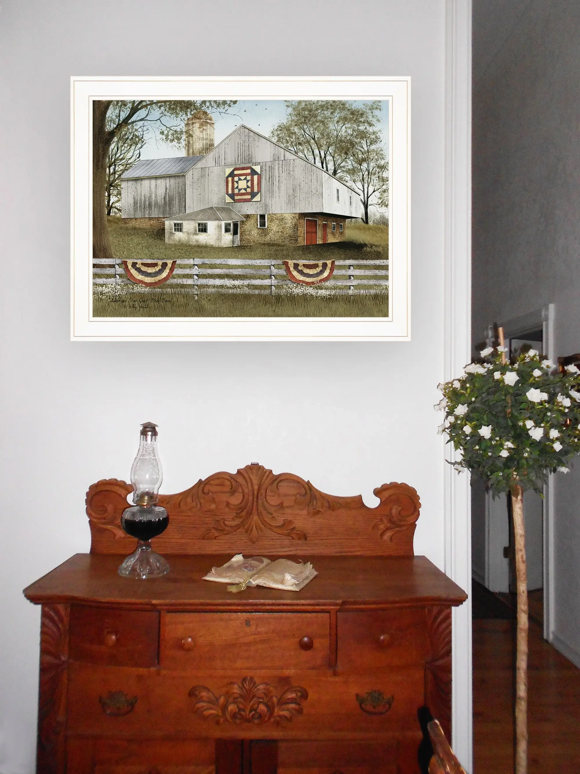 American Star Quilt Block Barn 3 White Framed Print Wall Art - Image 4