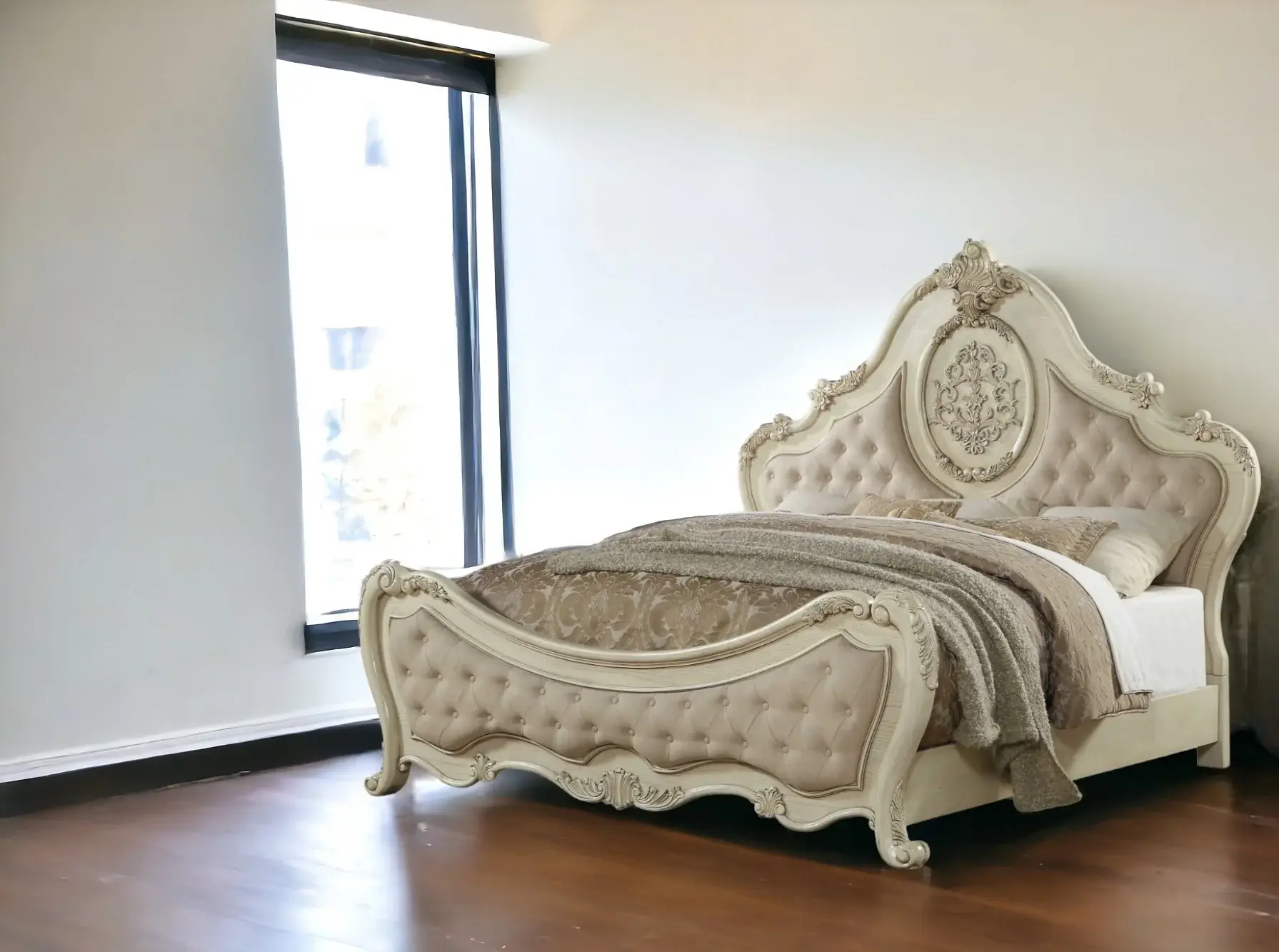 Antiqued White Solid Wood Tufted Upholstered Linen Bed Frame - Image 2