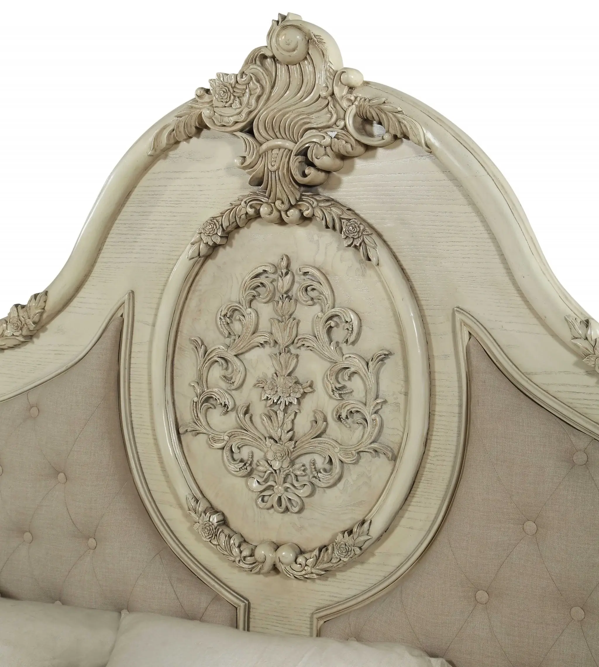 Antiqued White Solid Wood Tufted Upholstered Linen Bed Frame - Image 3