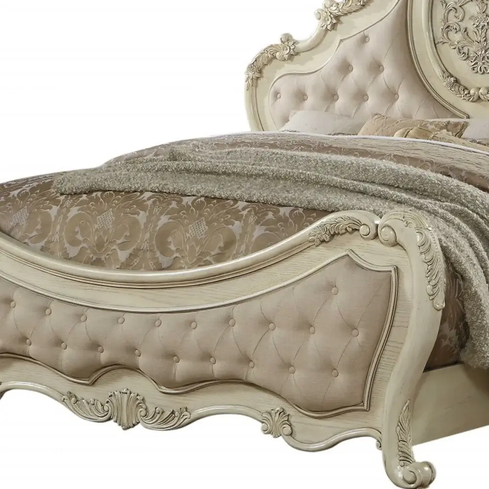 Antiqued White Solid Wood Tufted Upholstered Linen Bed Frame - Image 4