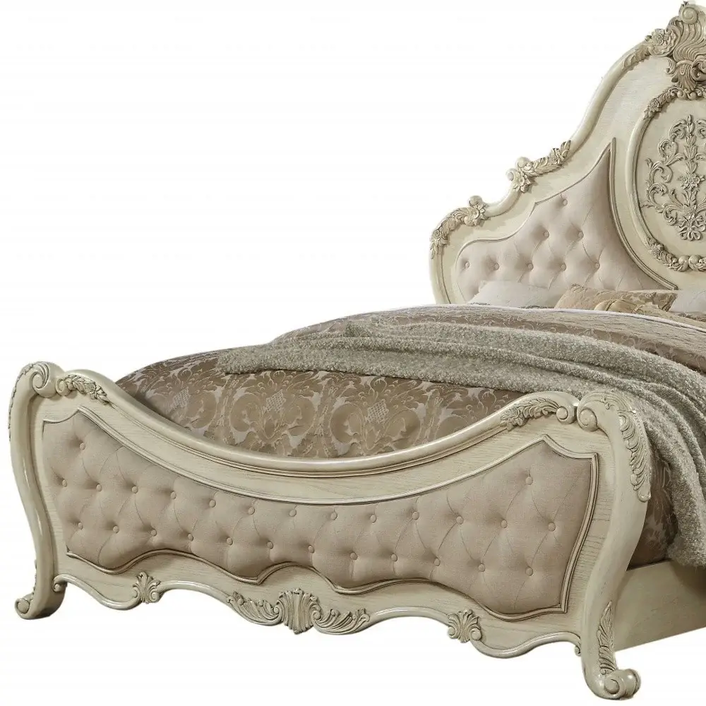 Antiqued White Solid Wood Tufted Upholstered Linen Bed Frame - Image 5