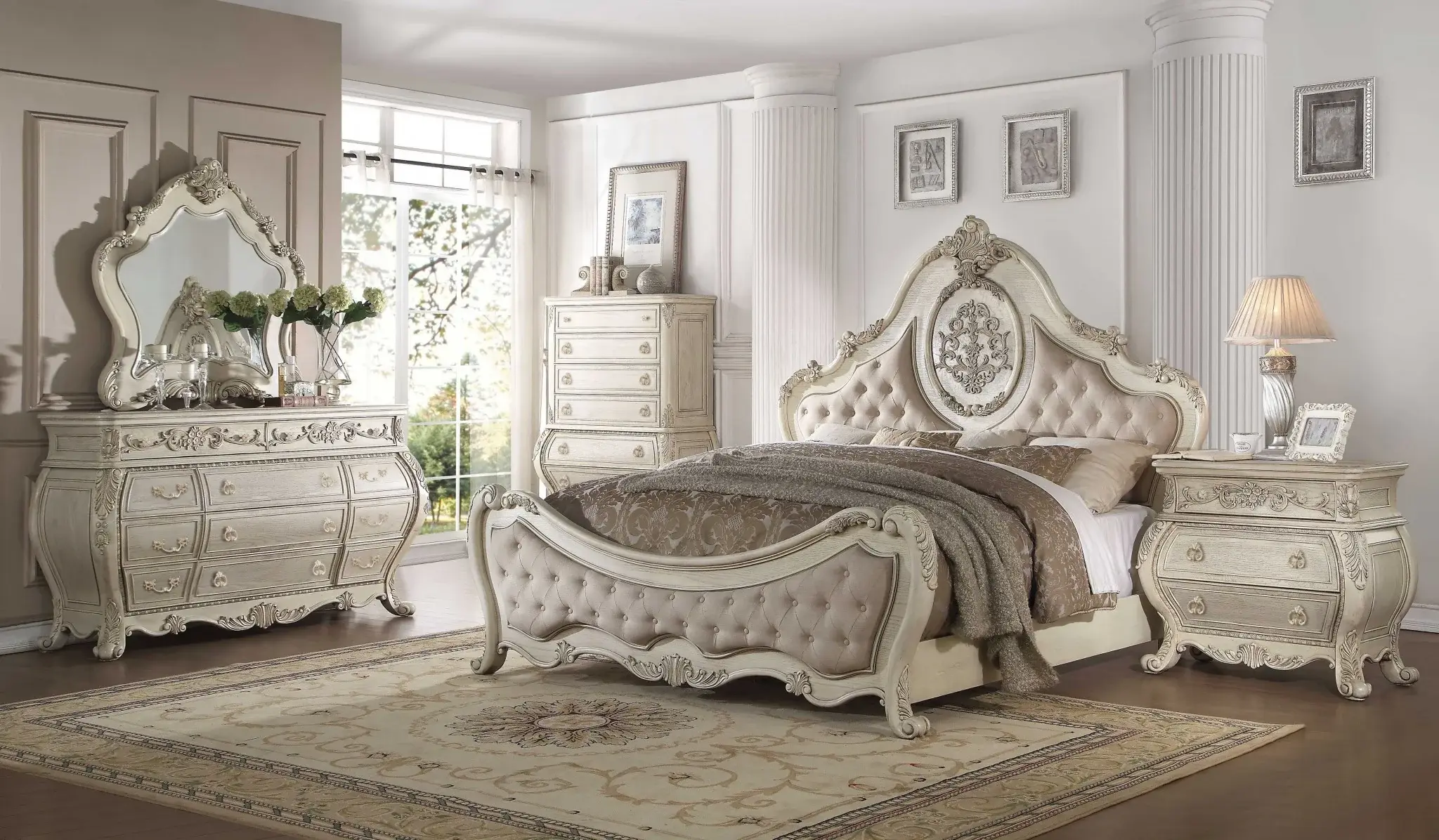 Antiqued White Solid Wood Tufted Upholstered Linen Bed Frame - Image 6