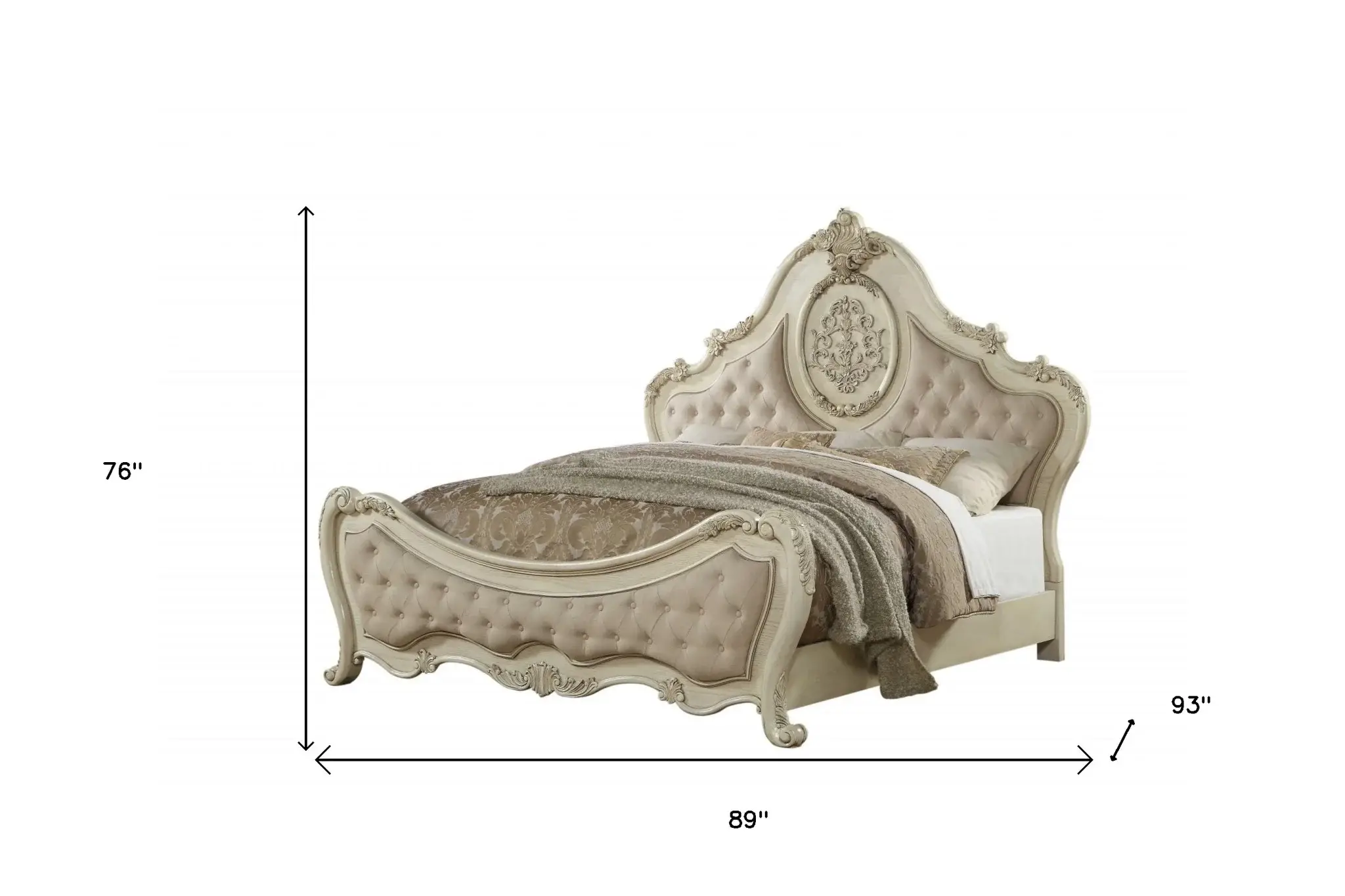 Antiqued White Solid Wood Tufted Upholstered Linen Bed Frame - Image 7