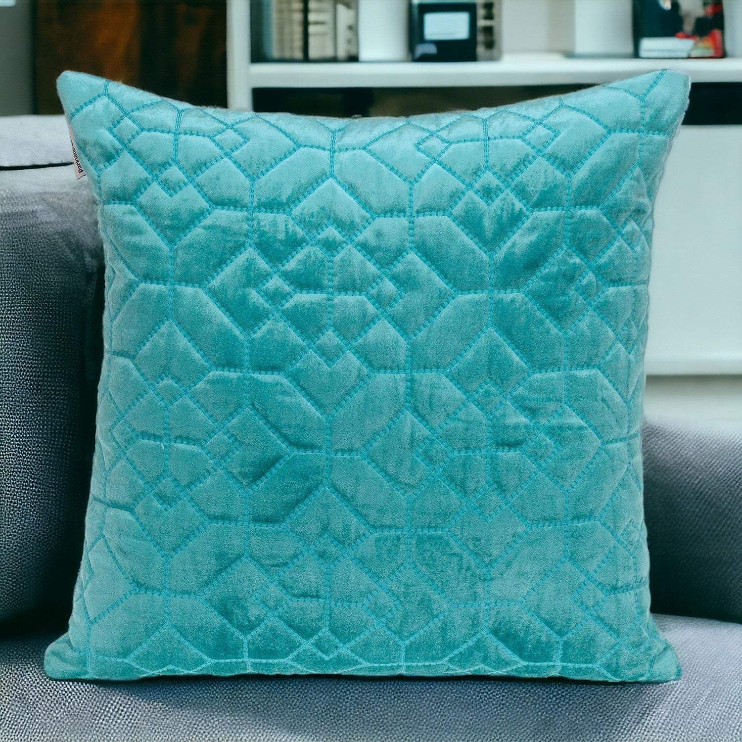 Aqua Quilted Velvet Geo Decorative Throw Pillow - Image 2