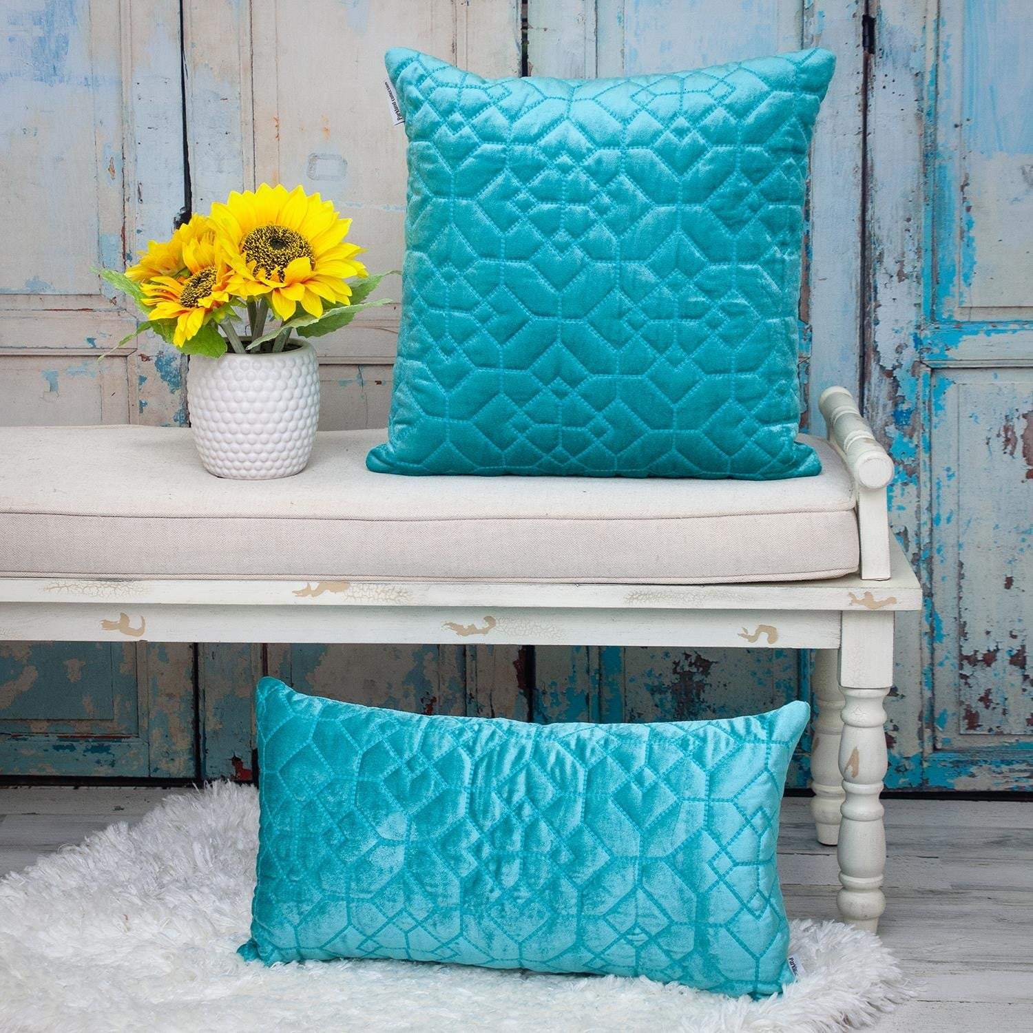 Aqua Quilted Velvet Geo Lumbar Decorative Pillow - Image 7