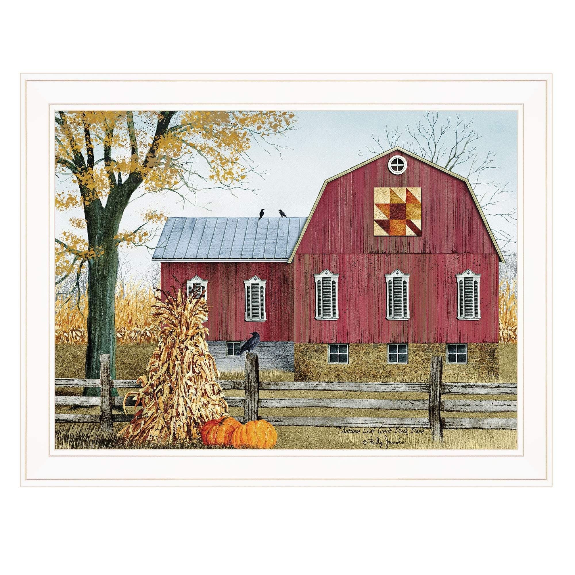 Autumn Leaf Quilt Block Barn 1 White Framed Print Wall Art - Image 2