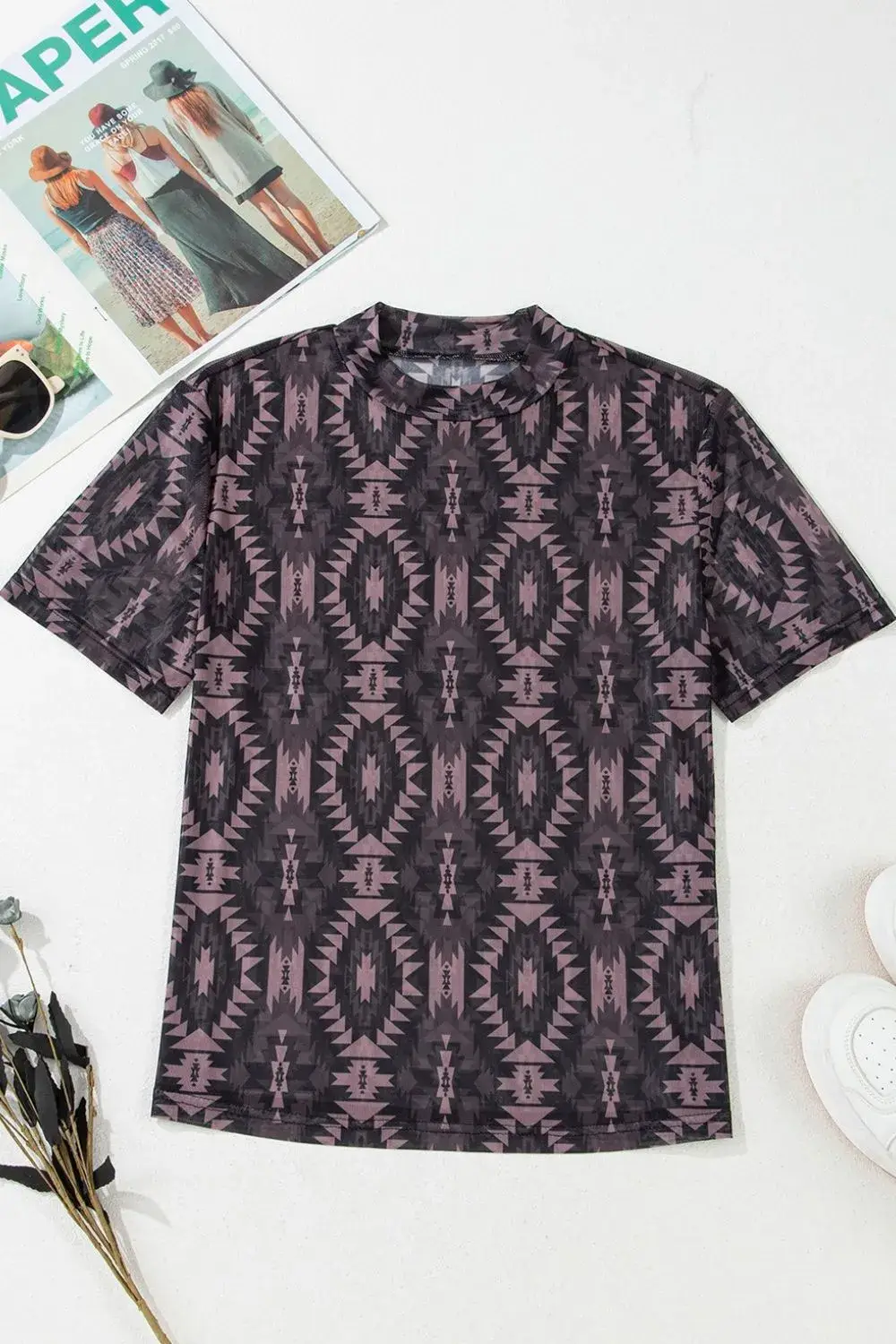 Aztec Print Mock Neck Short Sleeve Mesh T Shirt - Image 4