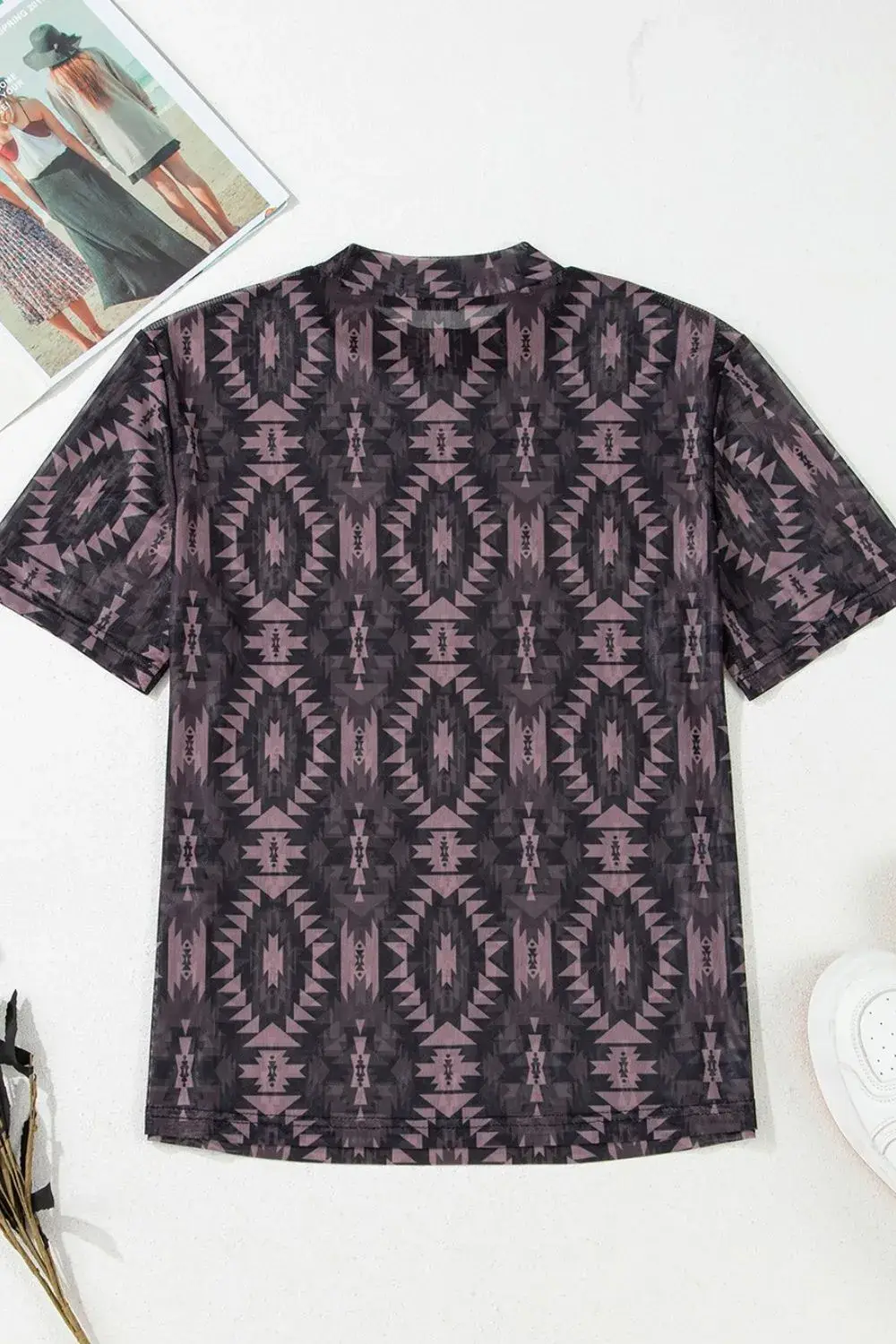 Aztec Print Mock Neck Short Sleeve Mesh T Shirt - Image 5