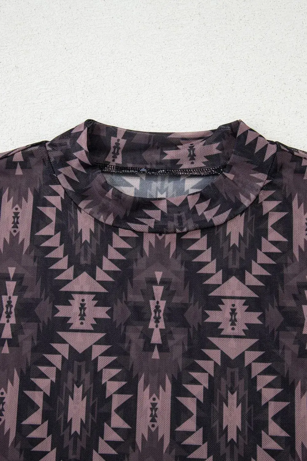 Aztec Print Mock Neck Short Sleeve Mesh T Shirt - Image 6