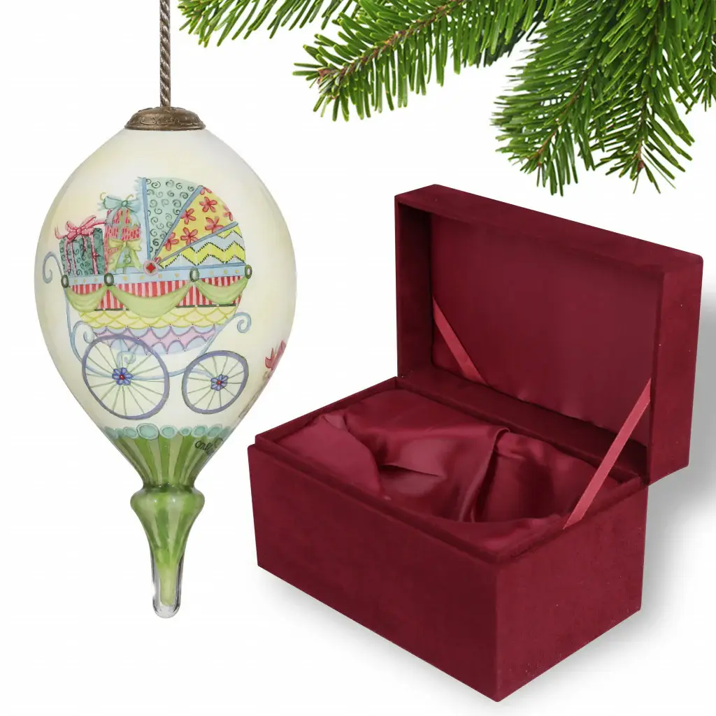 Baby Carriage with Presents Hand Painted Mouth Blown Glass Ornament - Image 2