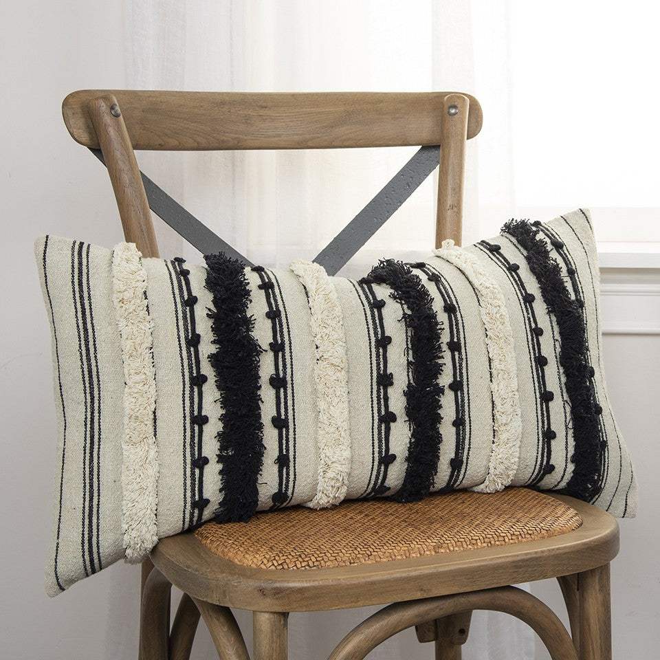 Beige Black Eyelash Fringe Textured Lumbar Pillow - Image 3