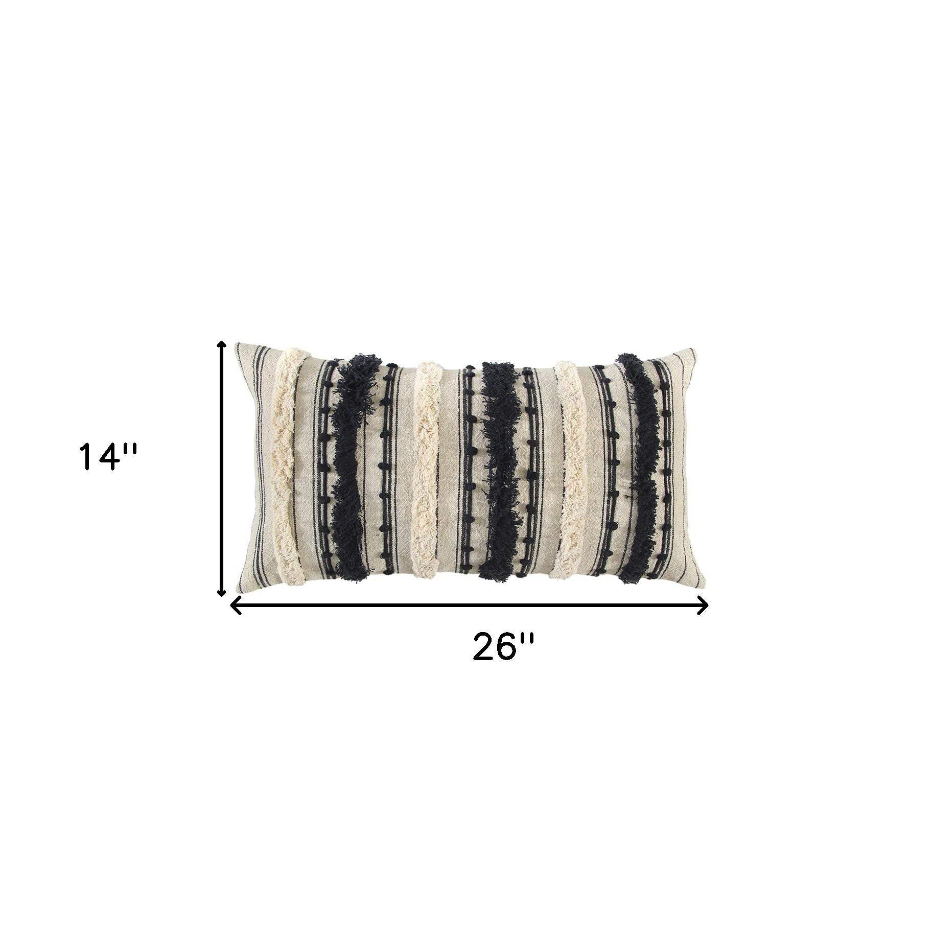 Beige Black Eyelash Fringe Textured Lumbar Pillow - Image 4