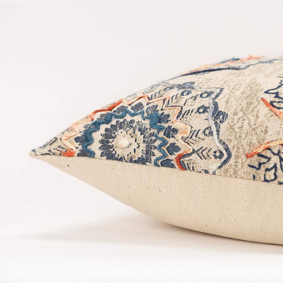 Beige Blue Distressed Floral Pattern Throw Pillow - Image 3