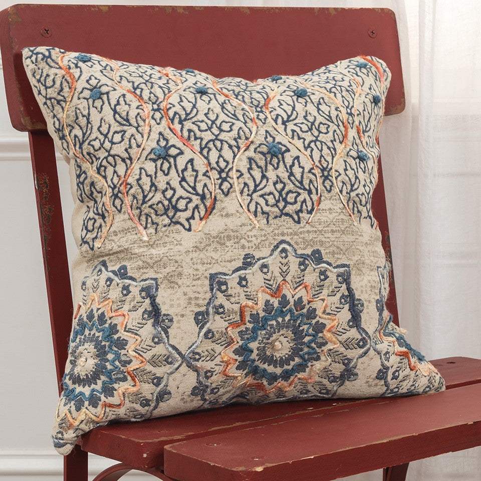 Beige Blue Distressed Floral Pattern Throw Pillow - Image 6