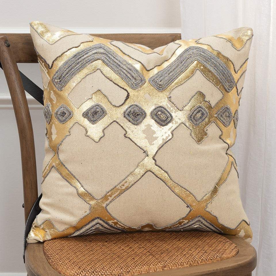 Beige Gold Foil Distressed Modern Throw Pillow - Image 3