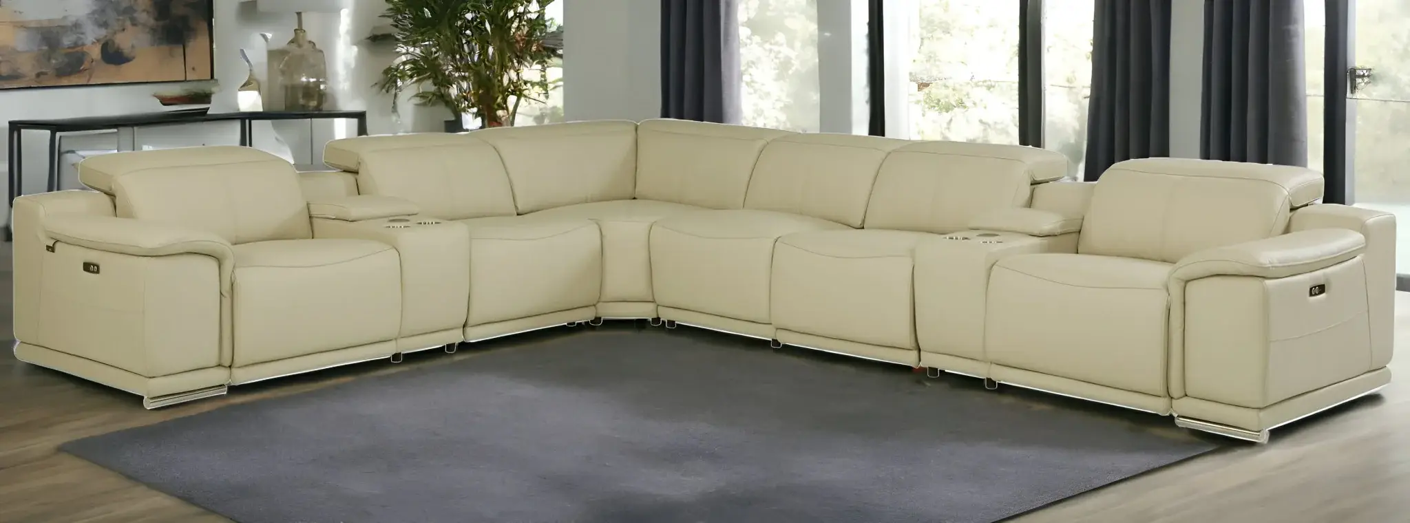 Beige Italian Leather Power Reclining U Shaped Eight Piece Corner Sectional With Console - Image 2