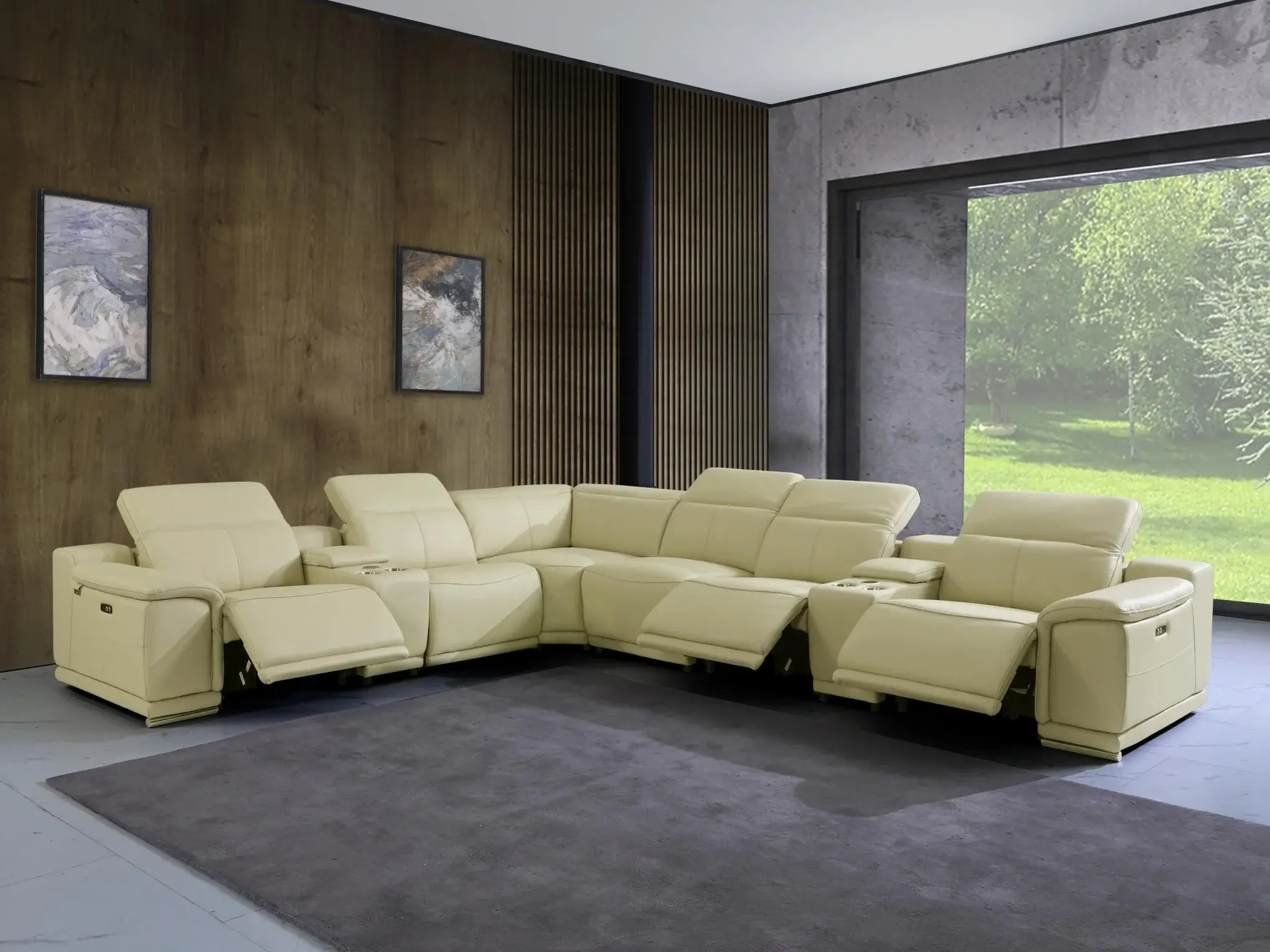 Beige Italian Leather Power Reclining U Shaped Eight Piece Corner Sectional With Console - Image 9