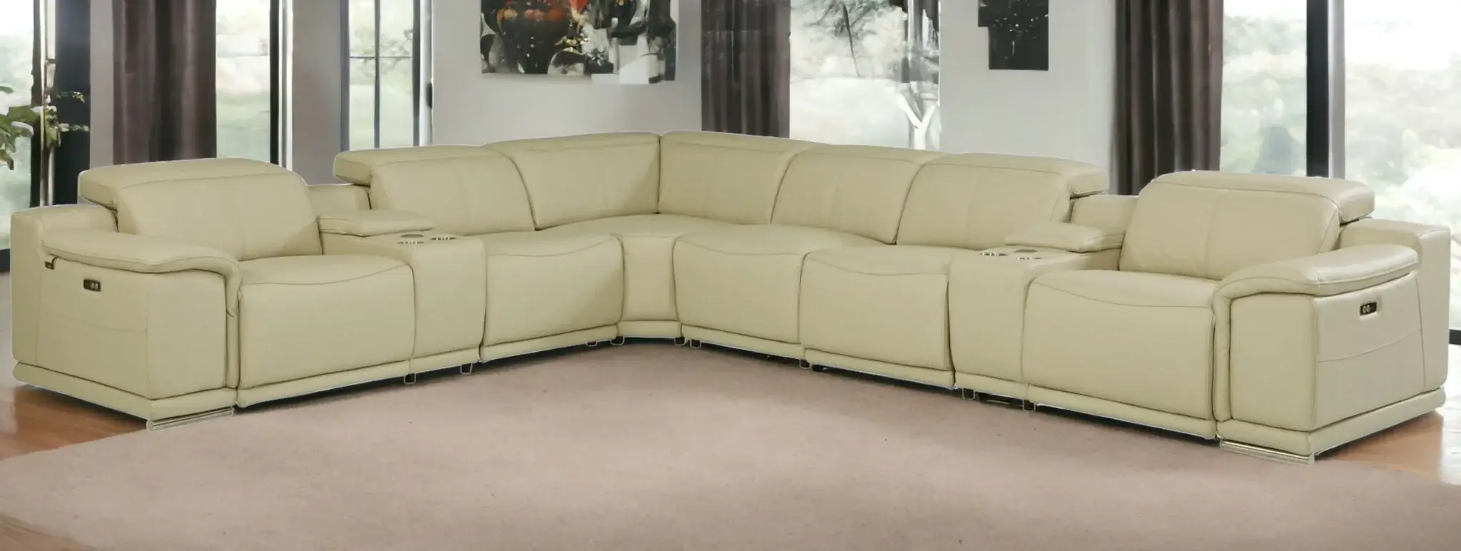 Beige Italian Leather Power Reclining U Shaped Eight Piece Corner Sectional With Console - Image 2