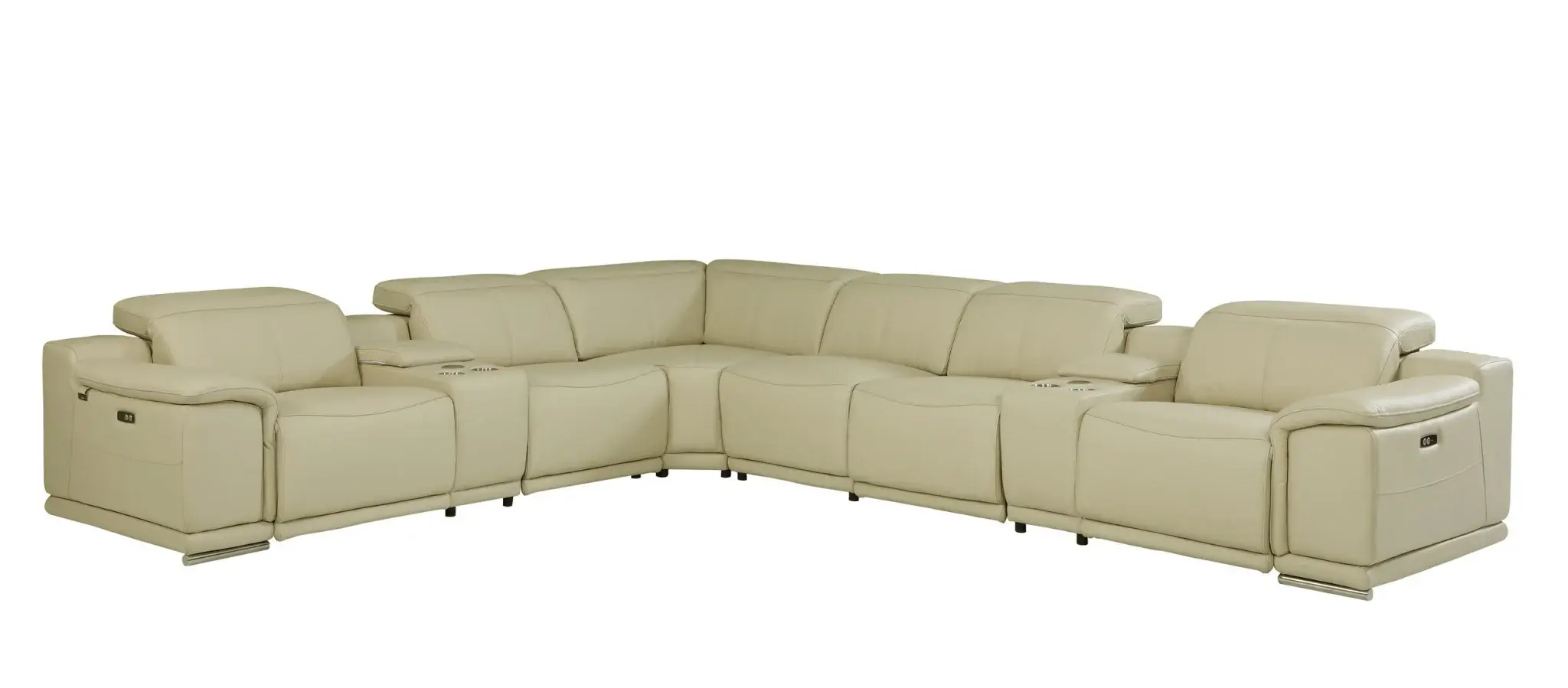 Beige Italian Leather Power Reclining U Shaped Eight Piece Corner Sectional With Console - Image 4