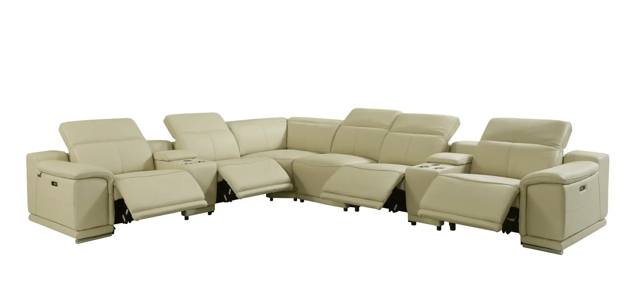 Beige Italian Leather Power Reclining U Shaped Eight Piece Corner Sectional With Console - Image 6