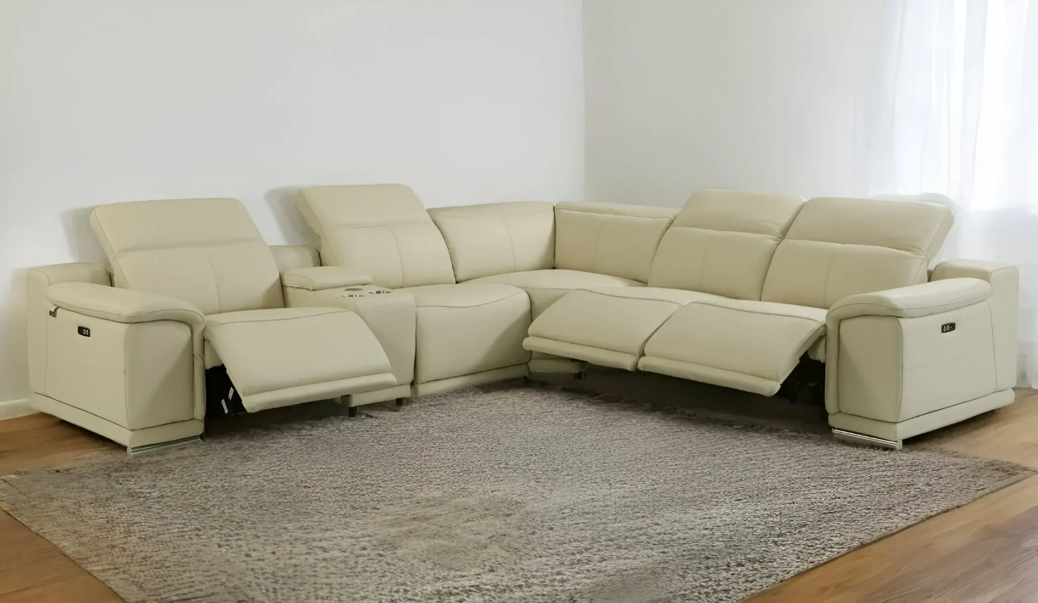 Beige Italian Leather Power Reclining U Shaped Six Piece Corner Sectional With Console - Image 2