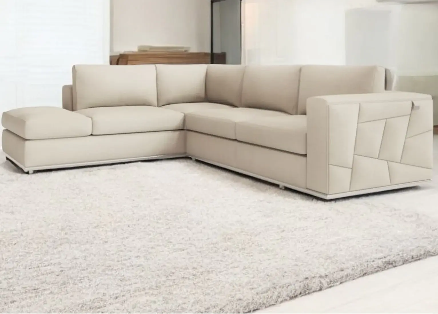 Beige Italian Leather Reclining L Shaped Two Piece Corner Sectional - Image 2