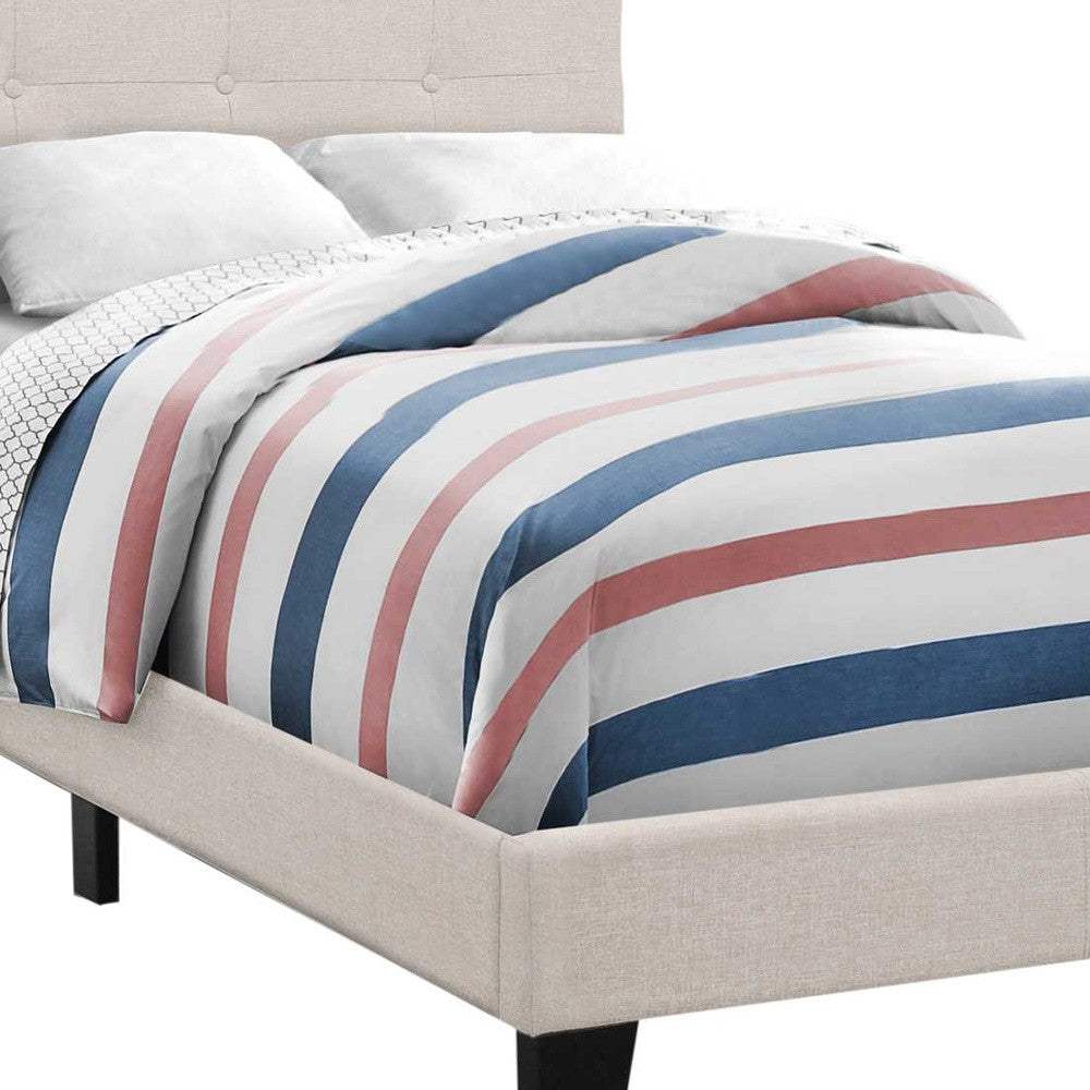 Beige Twin Tufted Upholstered Linen Bed Frame with Nailhead Trim - Image 3