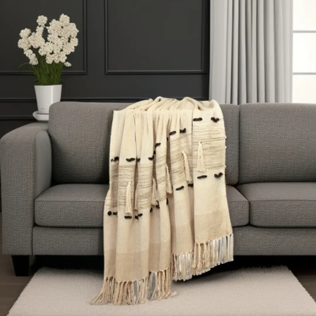 Beige Woven Cotton Abstract Throw Blanket - Image 2