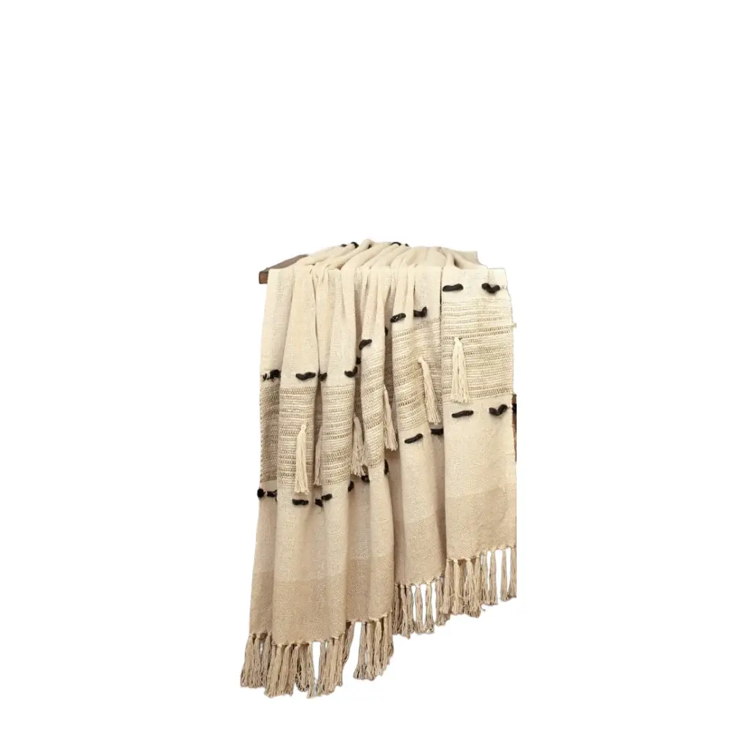 Beige Woven Cotton Abstract Throw Blanket - Image 5