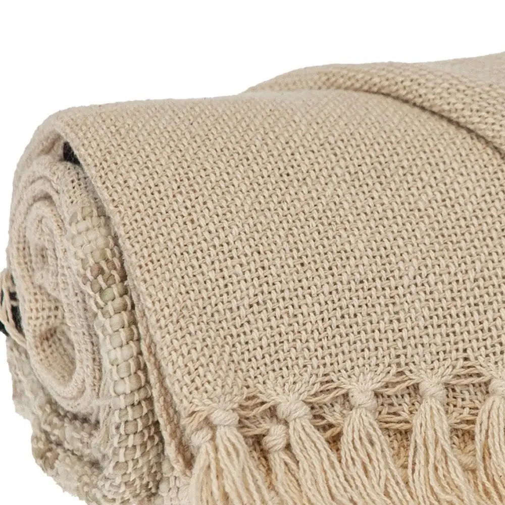 Beige Woven Cotton Abstract Throw Blanket - Image 6
