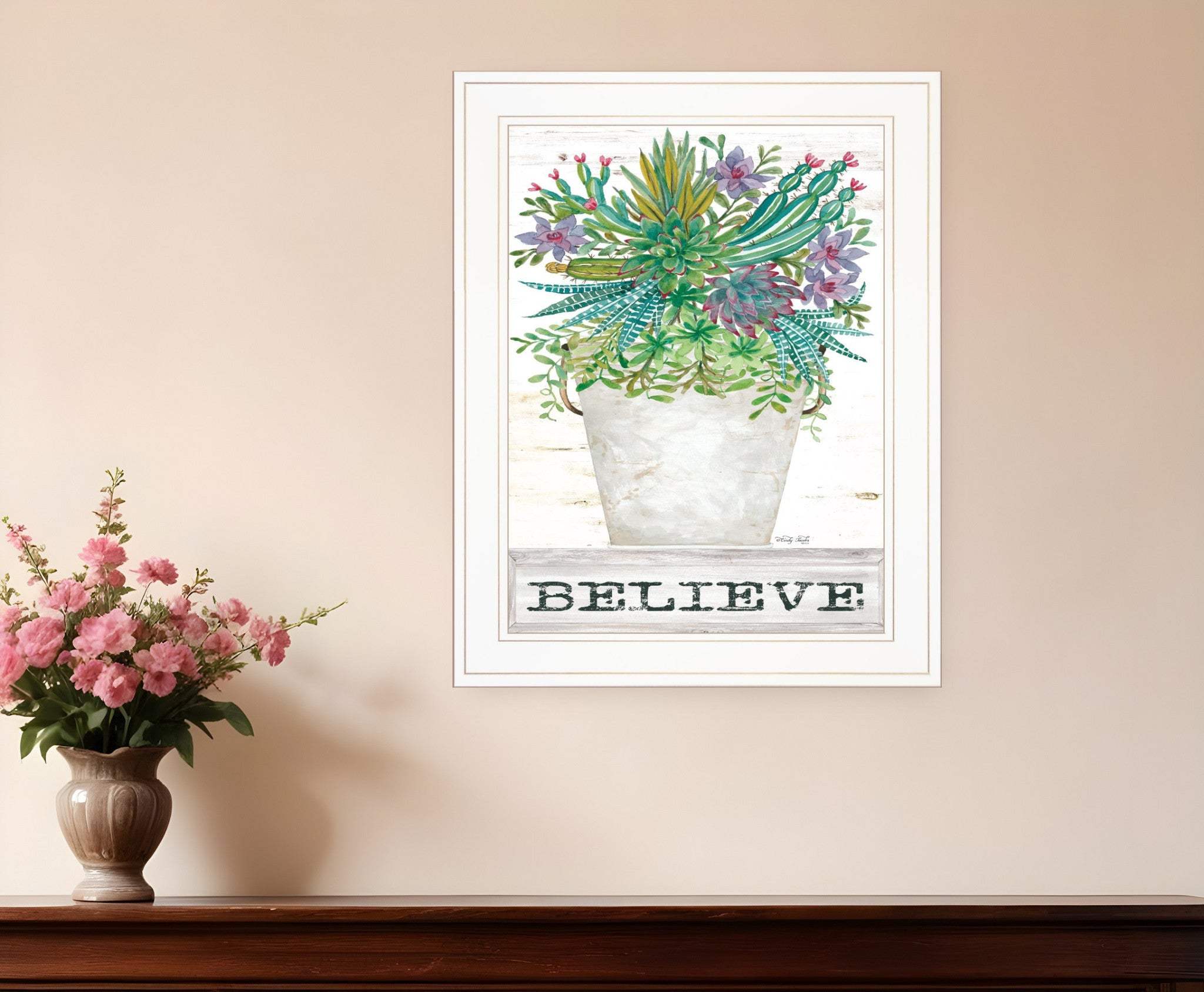 Believe Succulents White Framed Print Wall Art - Image 2