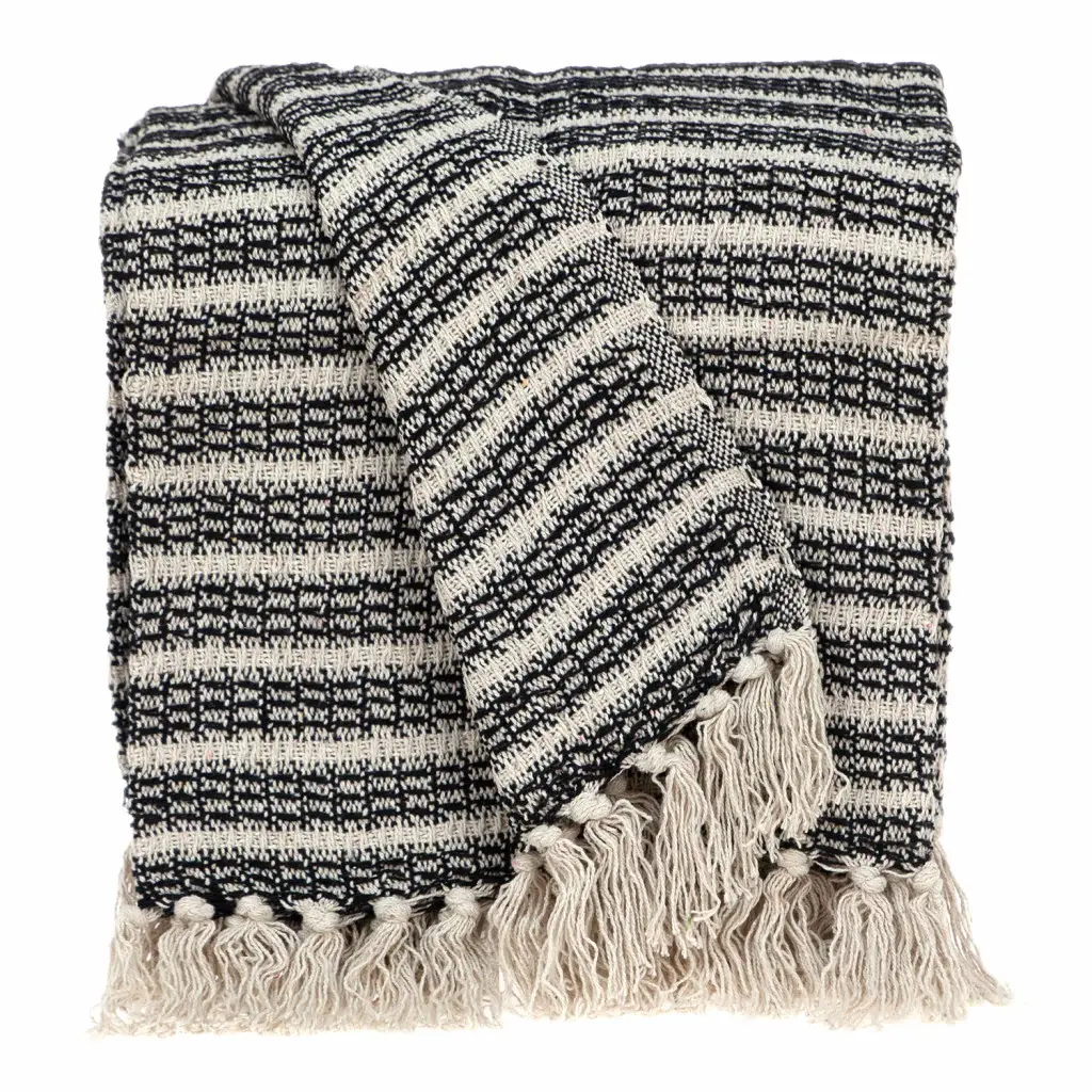 Black and Beige Striped Woven Handloom Throw Blanket - Image 2