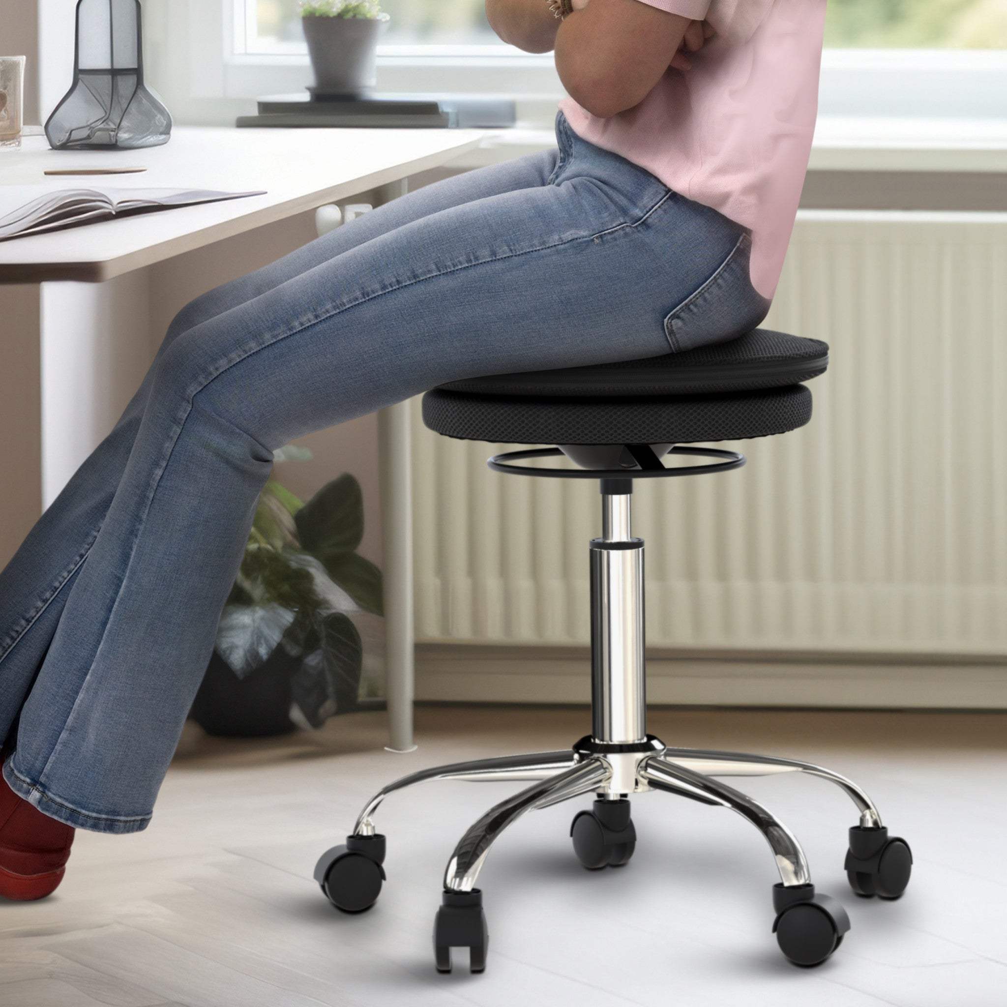 Black and Chrome Active Sitting Rolling Balance Desk Chair - Image 4