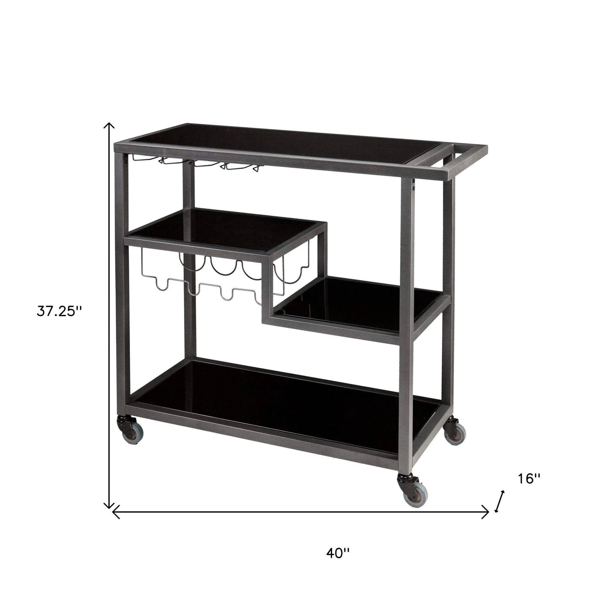 Black and Gray Glass Rolling Bar Cart With Wine Storage - Image 6