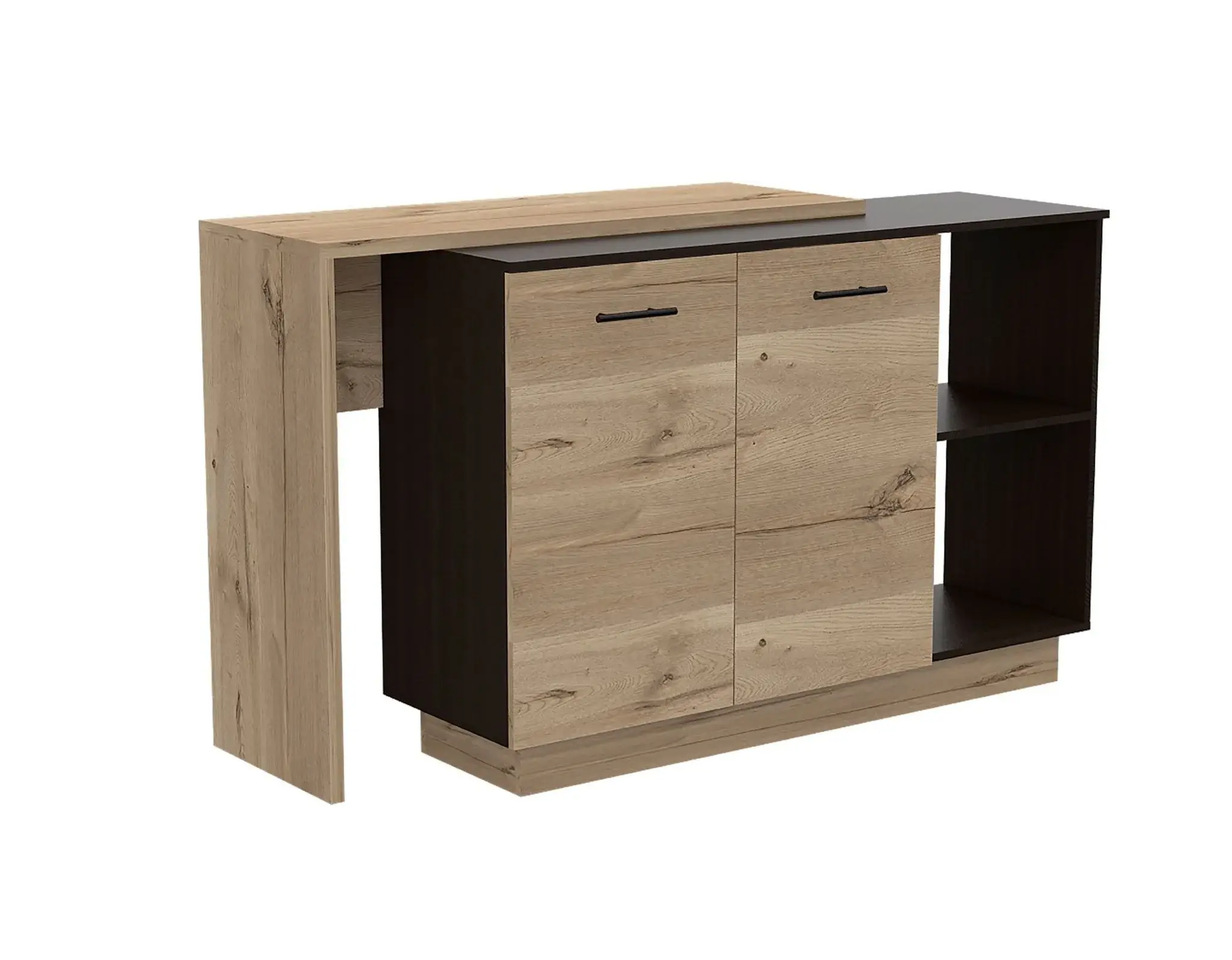 Black and Light Oak Contemporary Kitchen Island with Bar Table - Image 2